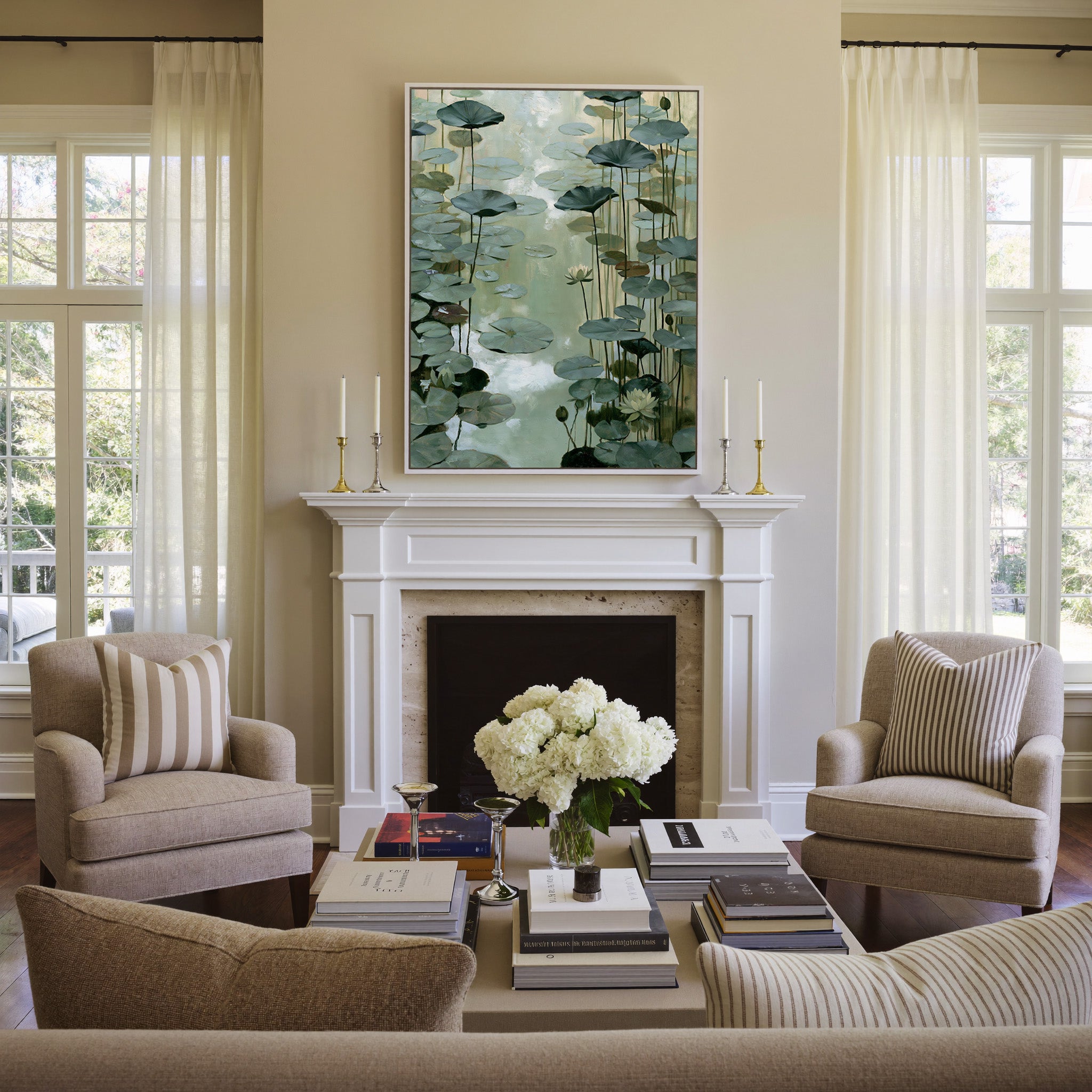pale green water garden with floating lily pads canvas wall art in a white frame above a mantel