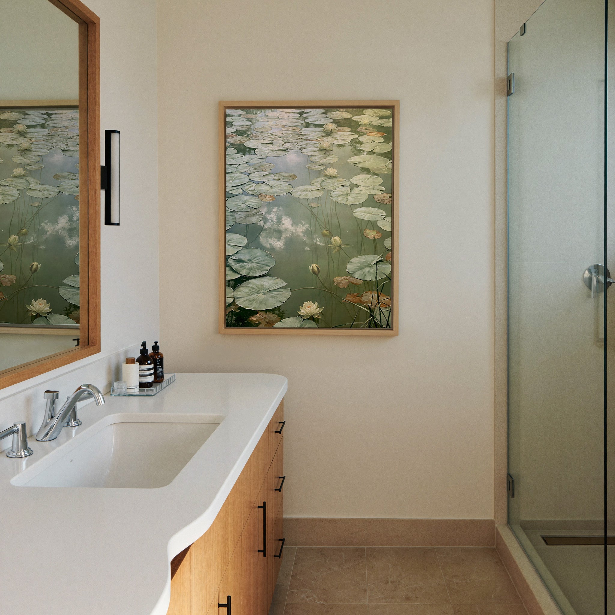 pale lily pads and white blossoms canvas wall art in a natural wood frame in a styled room setting