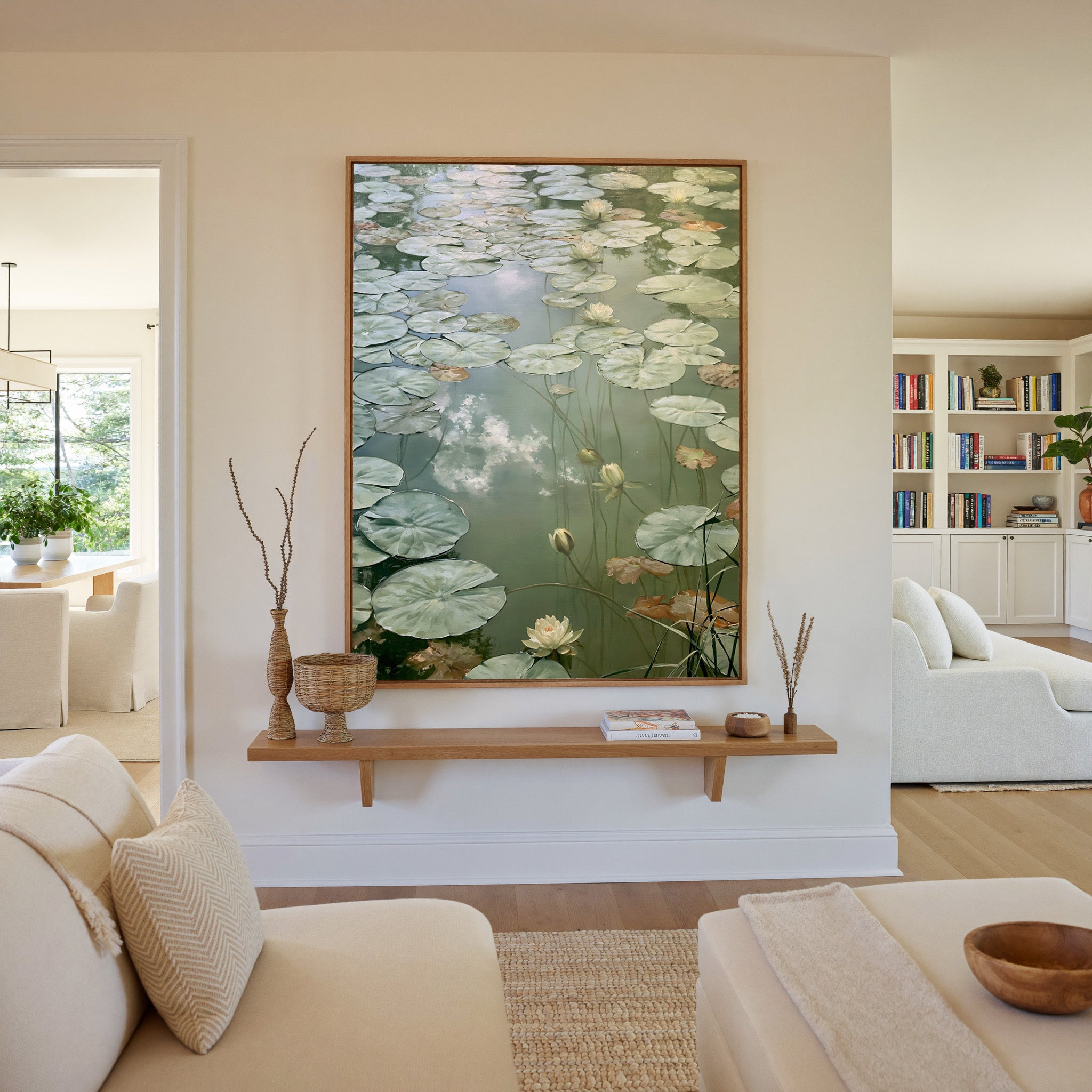 pale lily pads and white blossoms canvas wall art in an oak frame in a living room