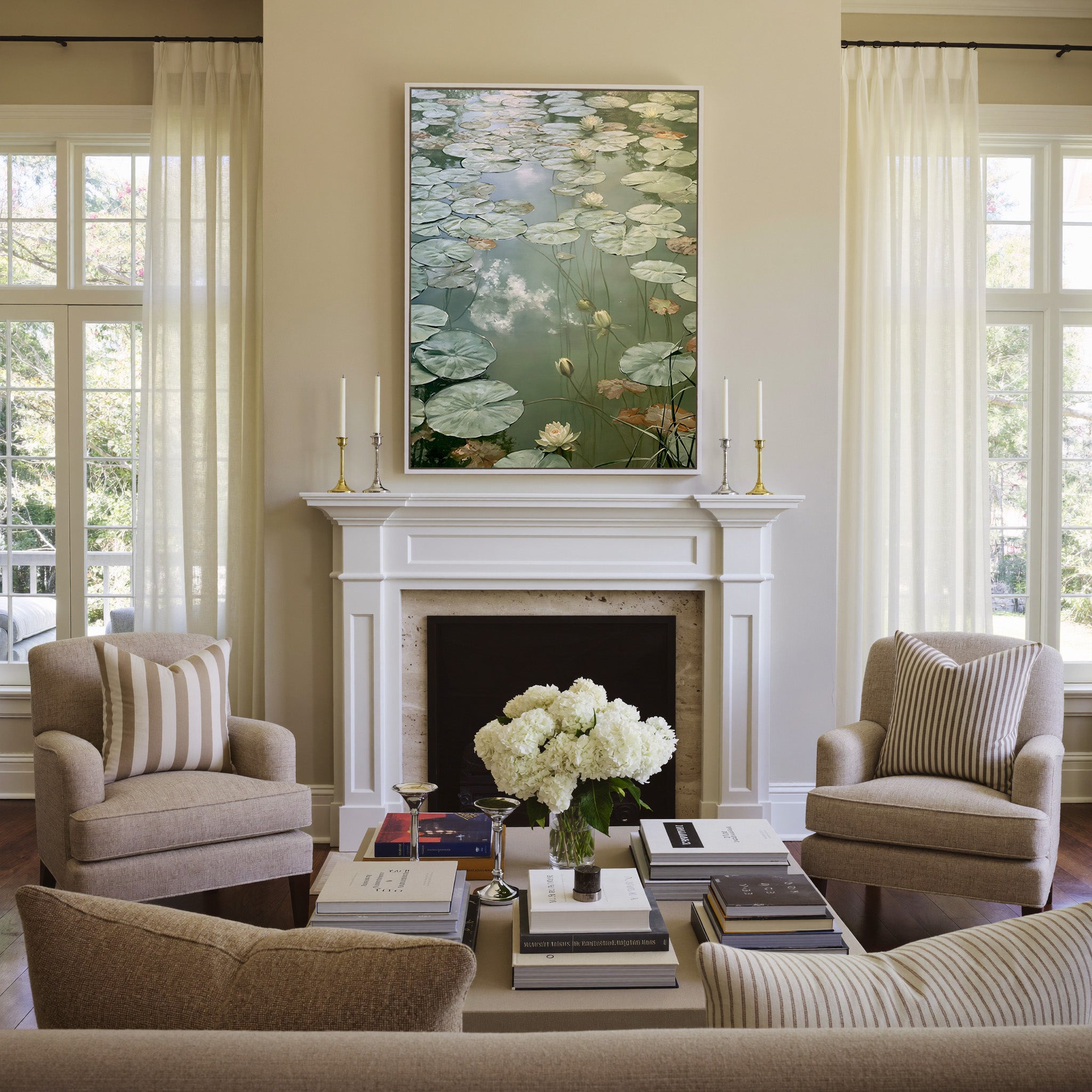 pale lily pads and white blossoms canvas wall art in a white frame above a mantel