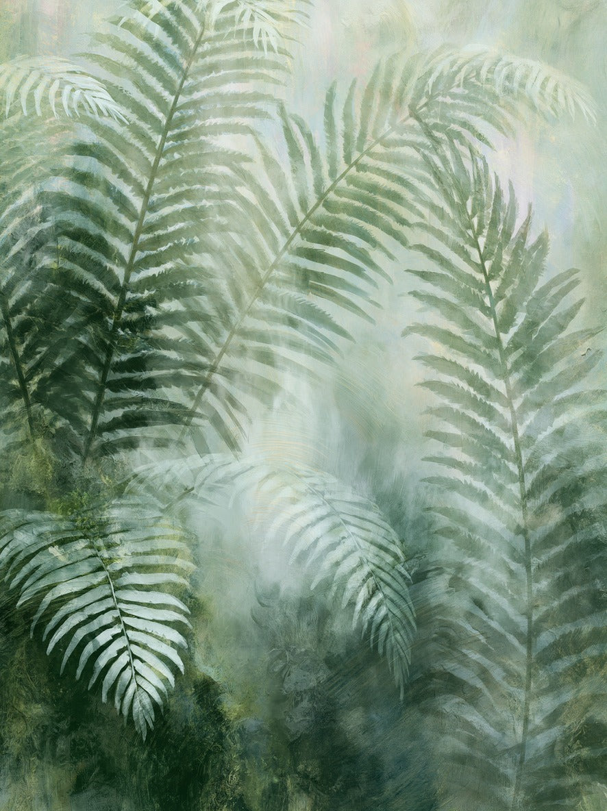 Overlapping fern fronds in soft green and cream, layered across a misty pale background