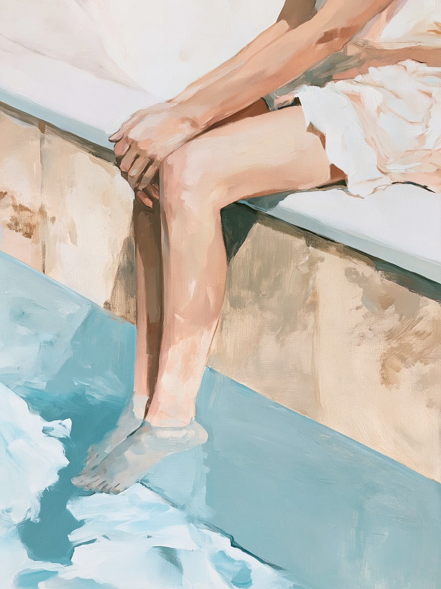 Cropped seated figure with bent legs above blue pool water and beige ledge