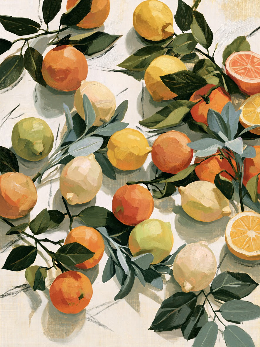 Loose citrus fruit with dark green leaves scattered across a pale cream ground