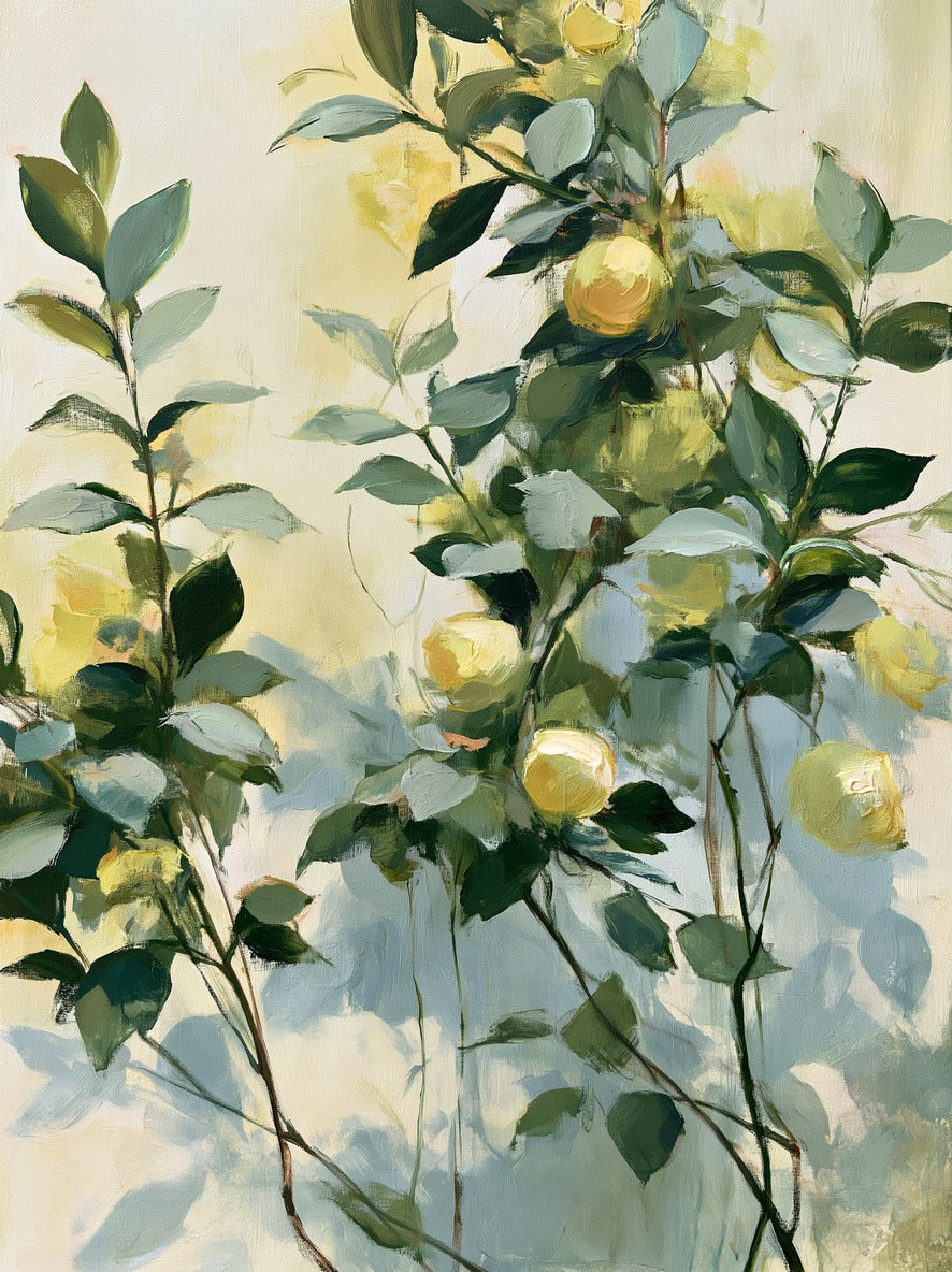 Lemon clusters and layered green leaves rise on thin stems across a pale cream ground