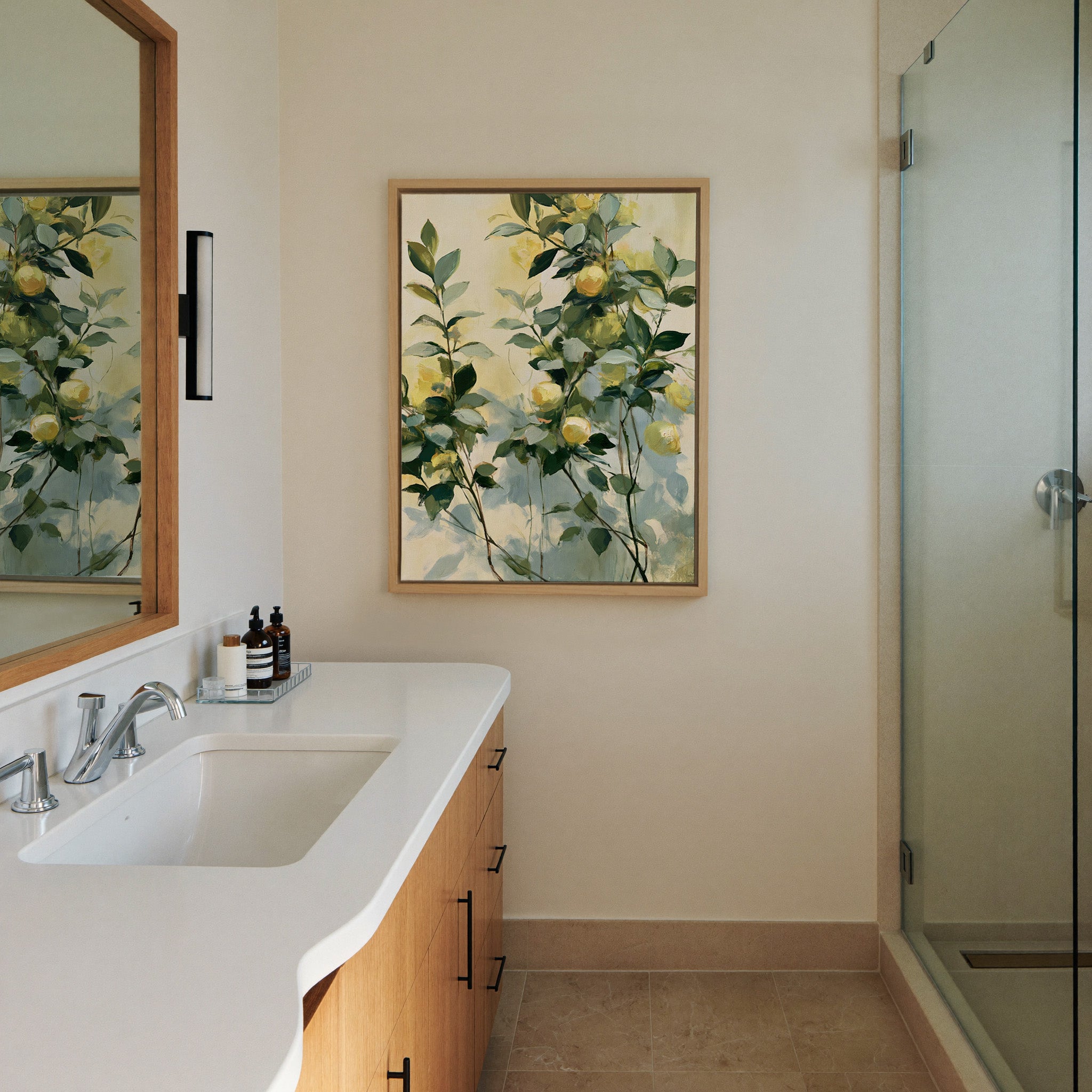 soft lemon and green botanical abstract canvas wall art in a natural wood frame in a styled room setting