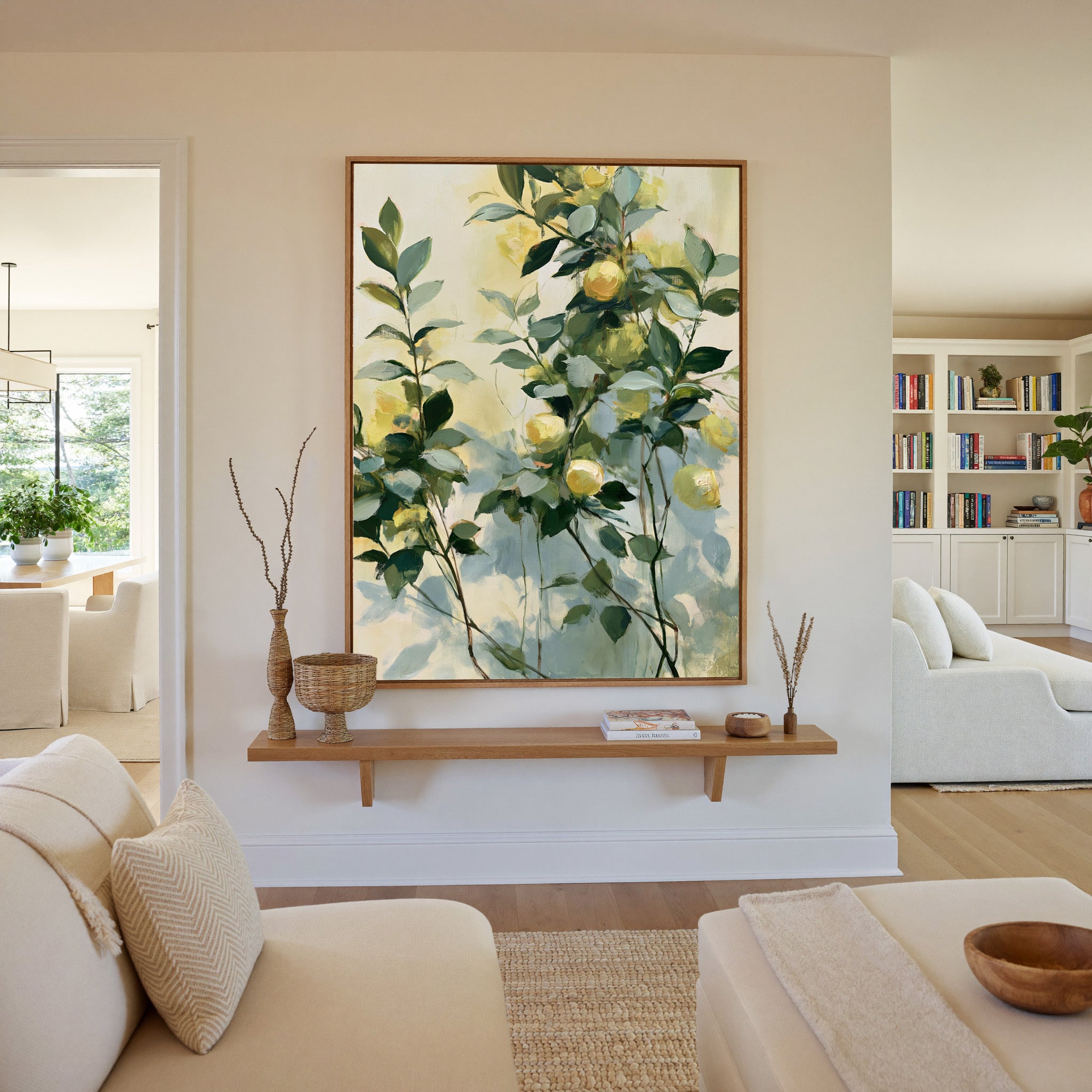 soft lemon and green botanical abstract canvas wall art in an oak frame in a living room