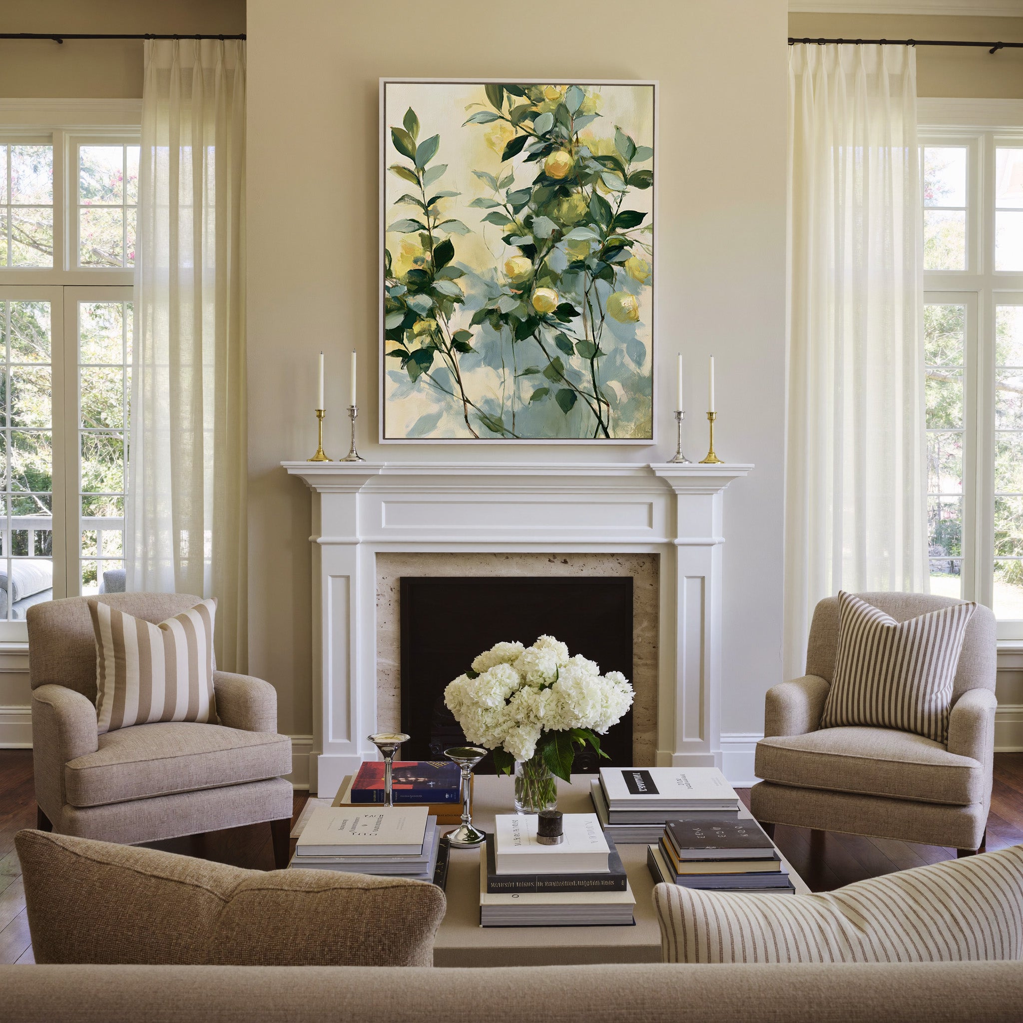 soft lemon and green botanical abstract canvas wall art in a white frame above a mantel