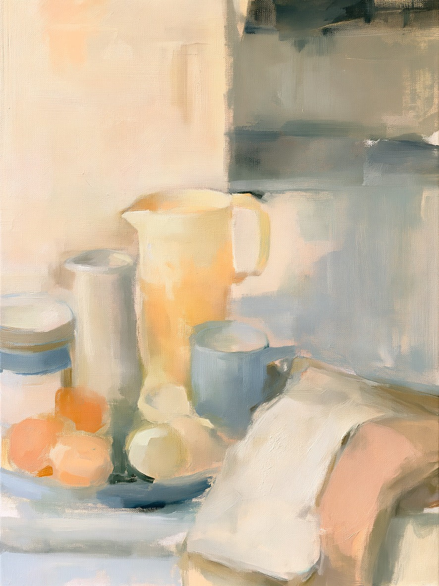 Soft cream pitcher, cups, and rounded fruit forms in peach, blue, and gray on a pale ground