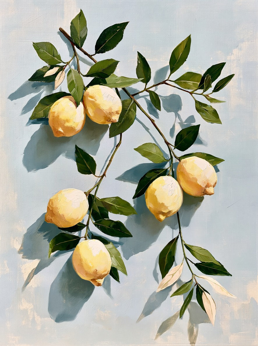 Pale lemons and olive leaves on branching stems across a soft blue ground