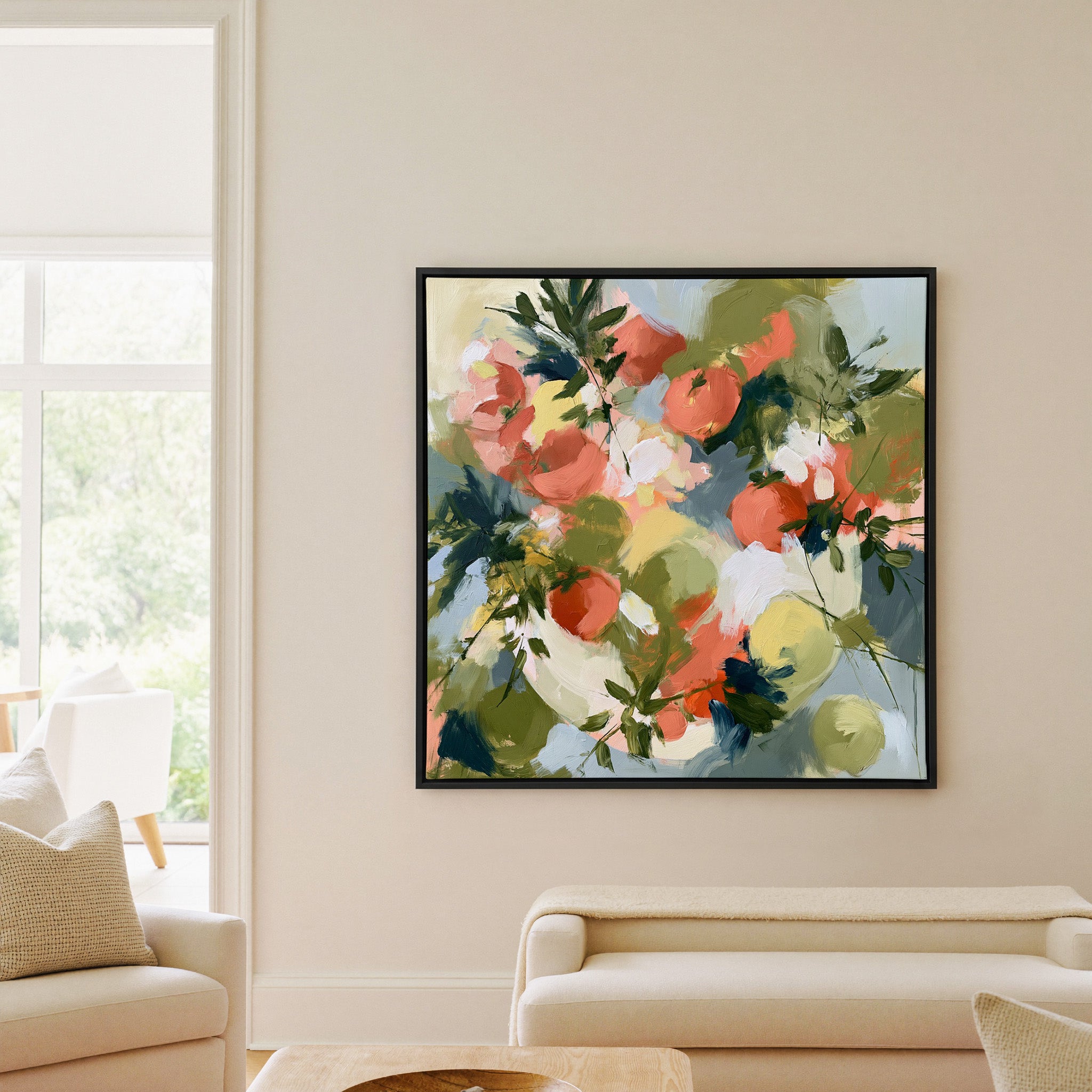 coral tomatoes with green herb leaves canvas wall art in a black frame in a living room