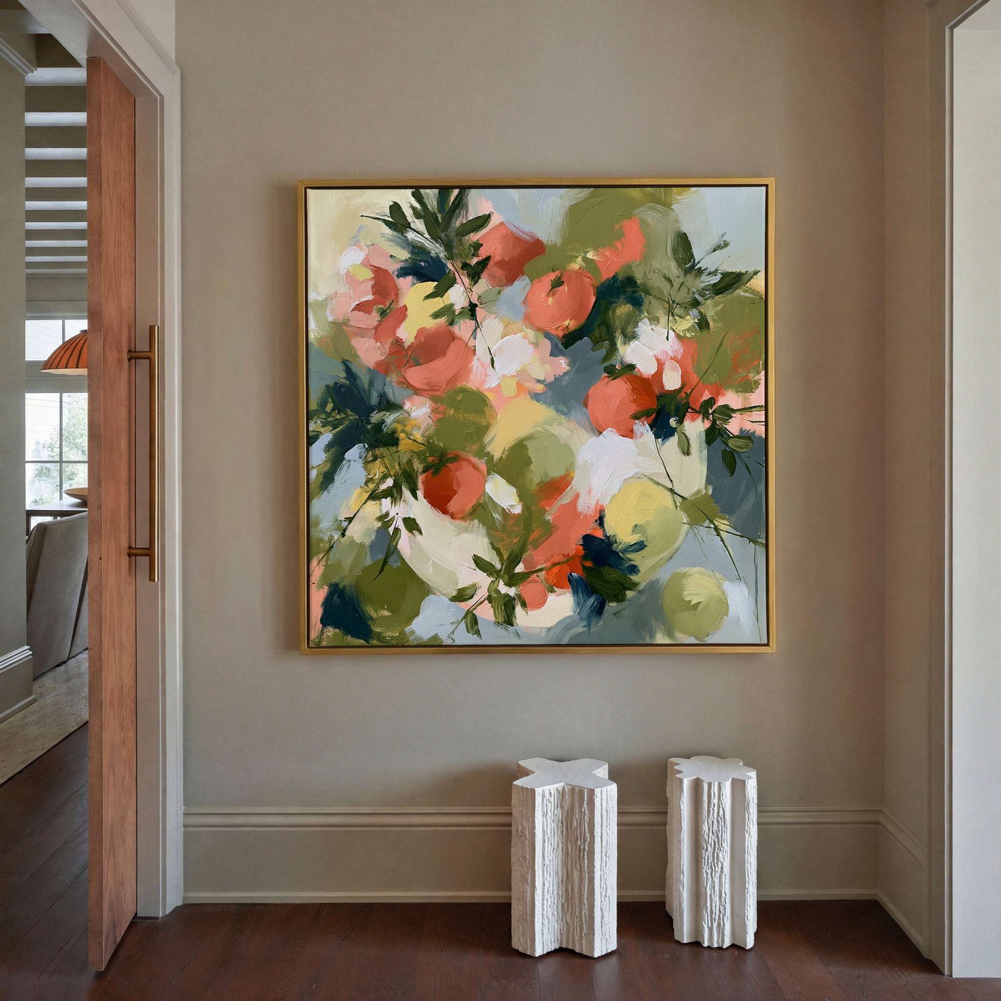 coral tomatoes with green herb leaves canvas wall art in a gold frame in a styled room setting