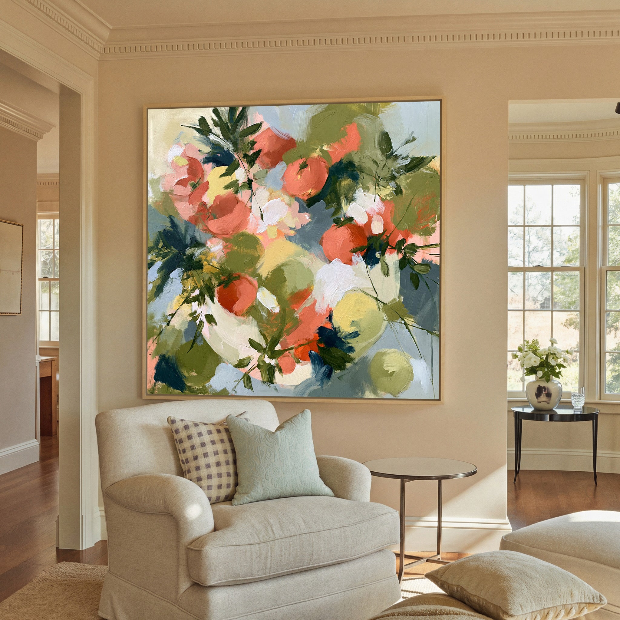 coral tomatoes with green herb leaves canvas wall art in a natural wood frame in a styled room setting