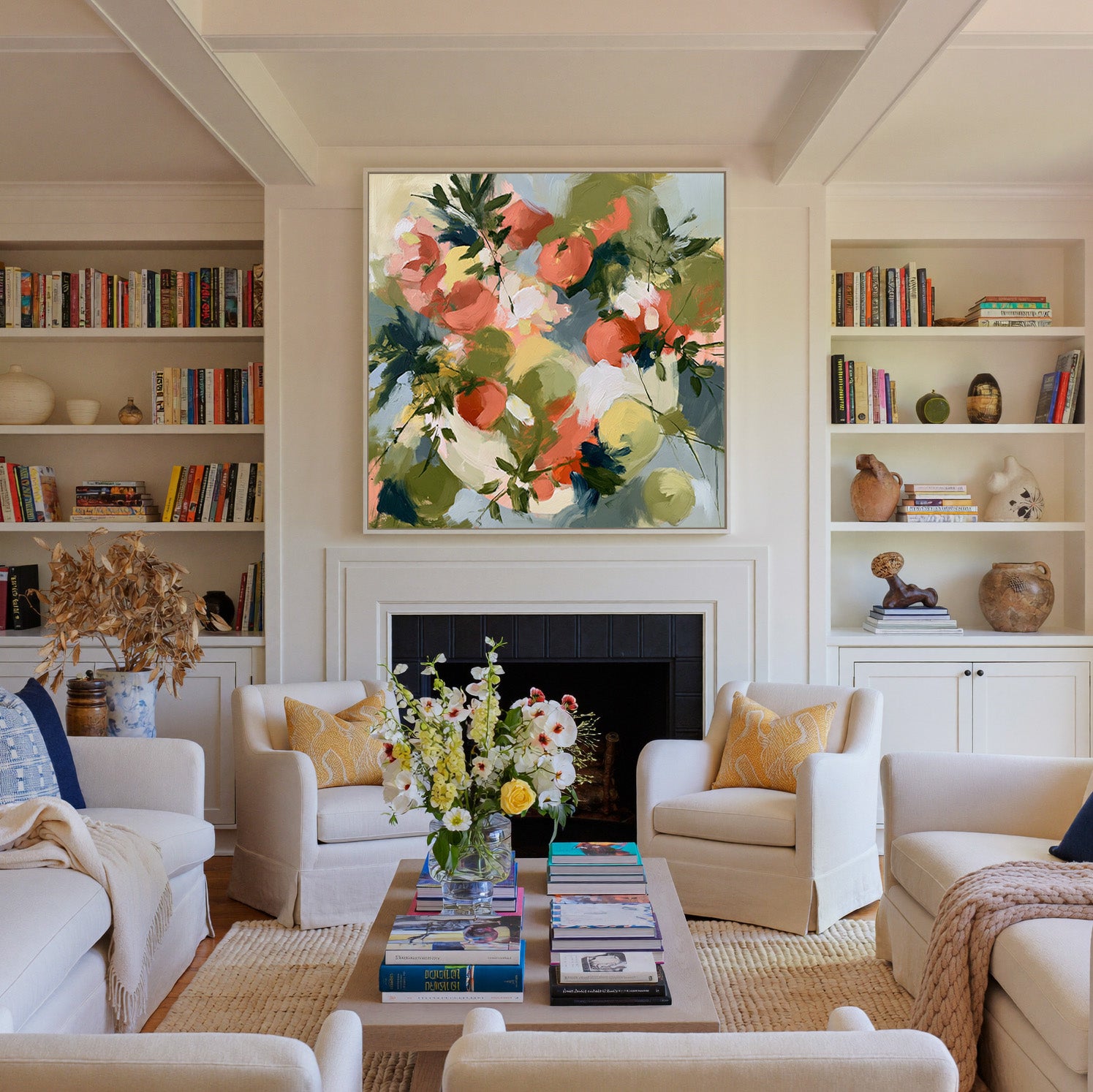 coral tomatoes with green herb leaves canvas wall art in a white frame above a fireplace