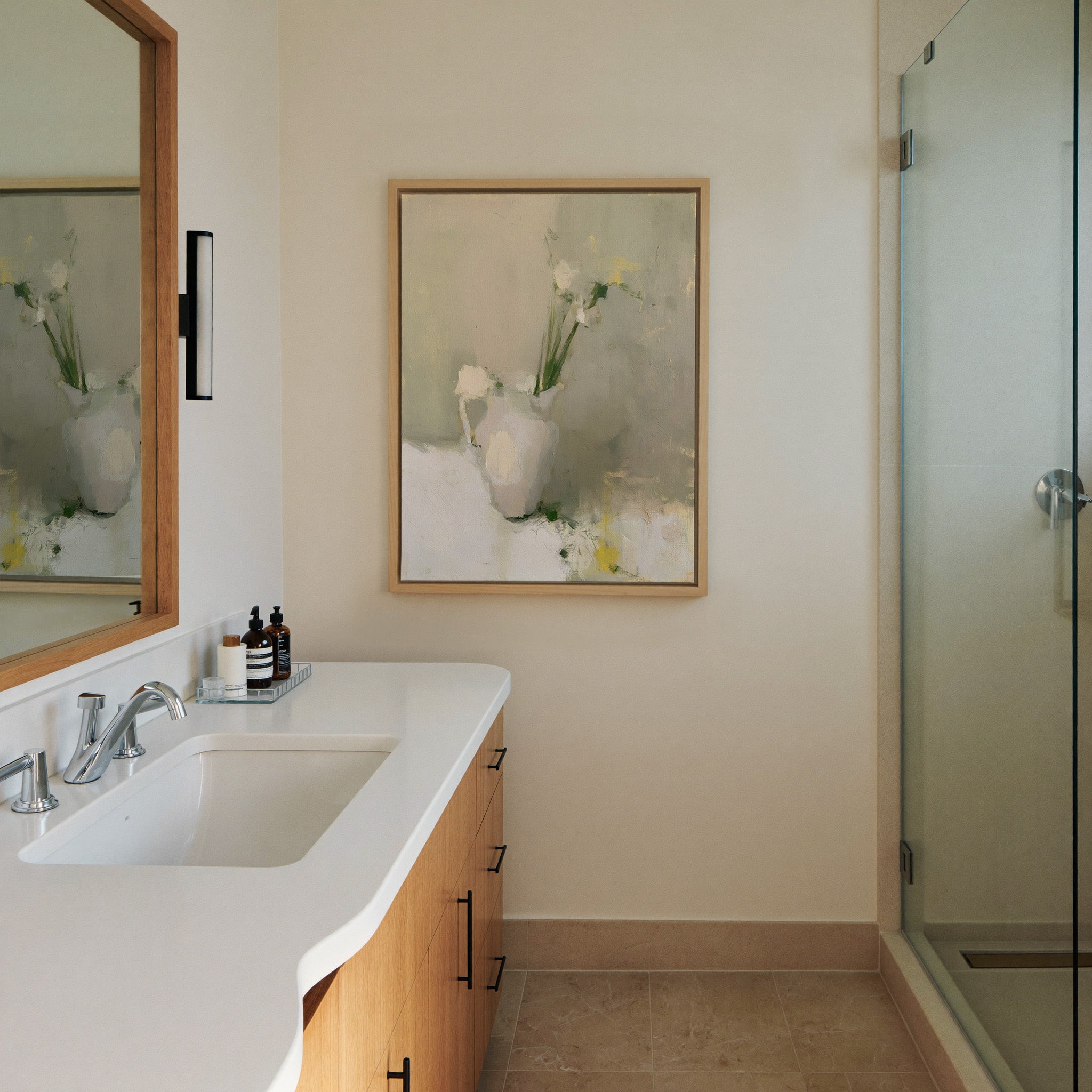 soft neutral still life with a white pitcher canvas wall art in a natural wood frame in a styled room setting