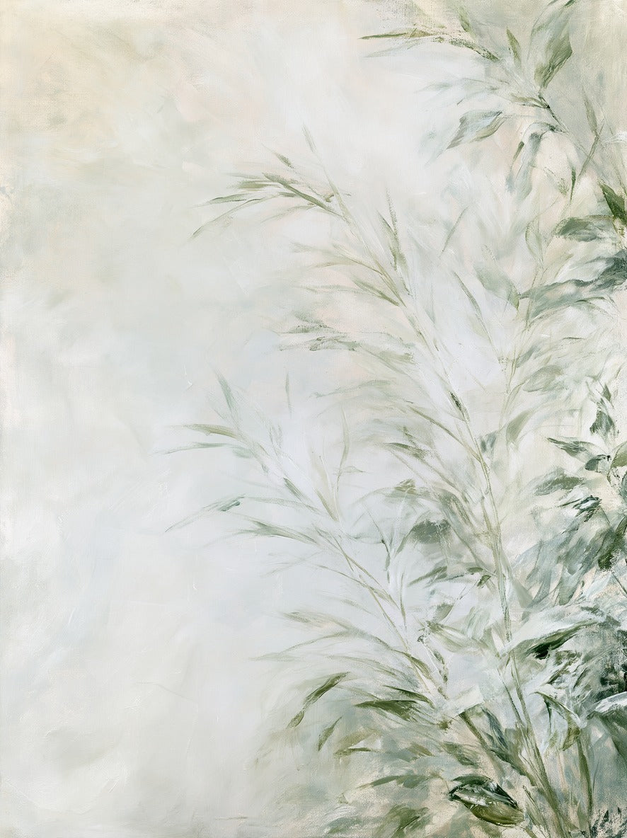 Sage stems and narrow leaves rise along the right edge over a pale cream field