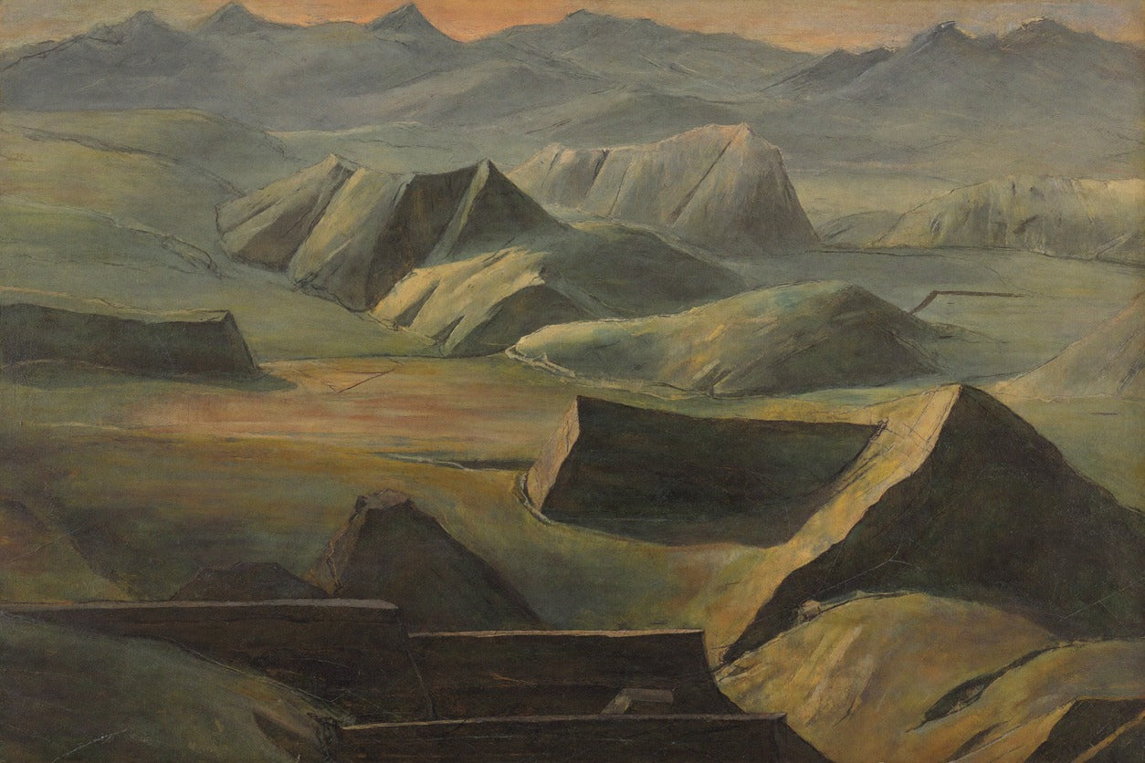 Layered mountain ridges in olive, charcoal, and copper light under a hazy sky
