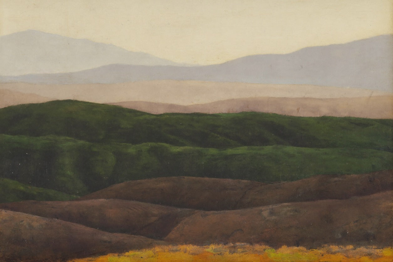 Layered green hills in front of pale mountains under a warm cream sky with clear color and shape detail