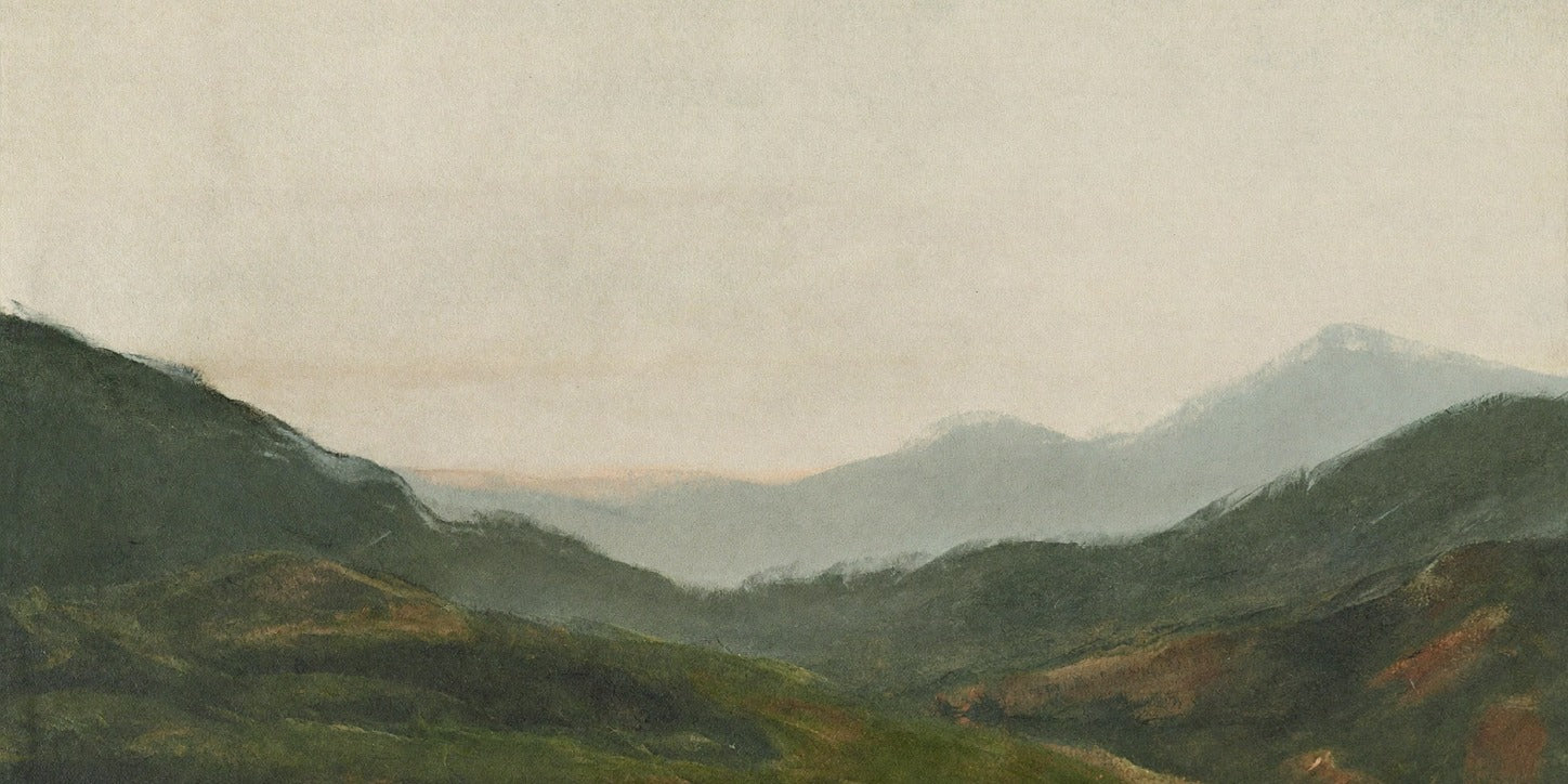 Layered green mountain ridges with a pale valley and cream sky, with misty green mountain landscape