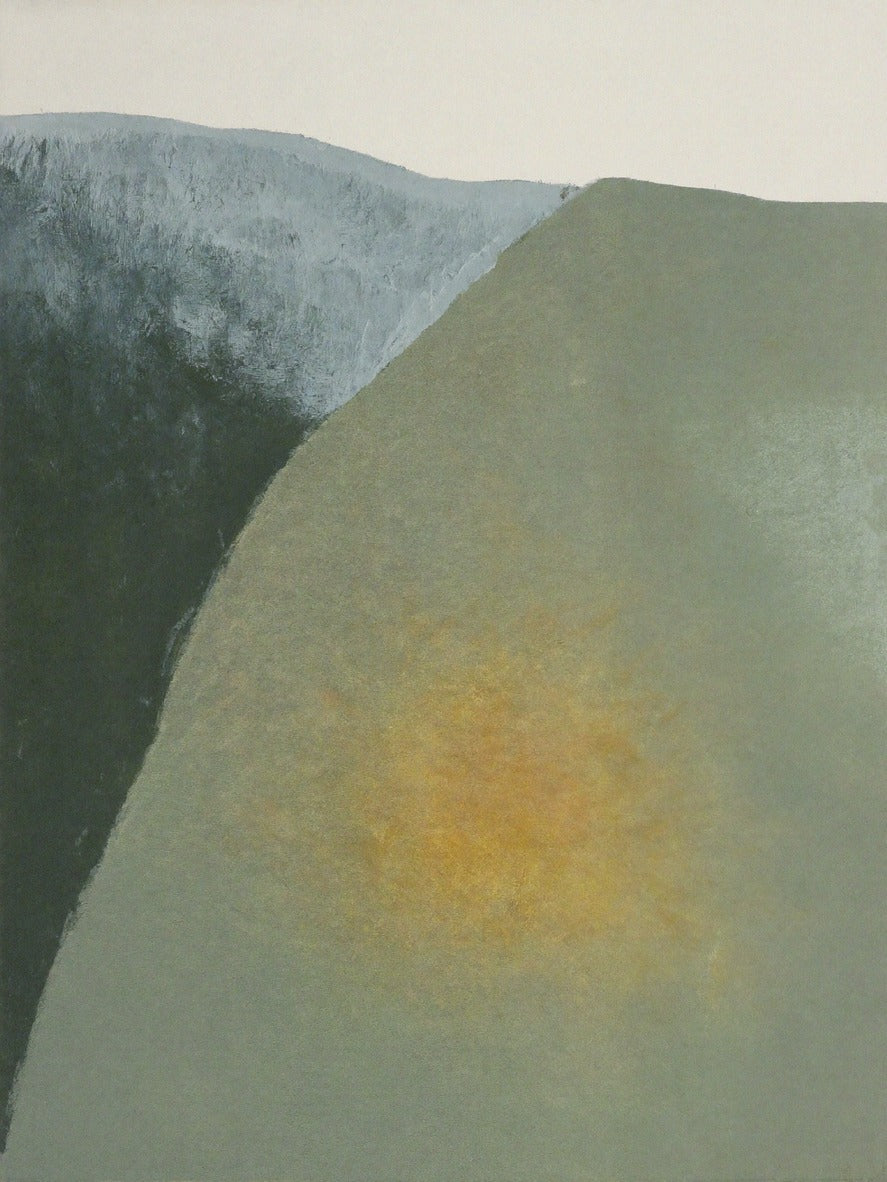 Soft olive and charcoal abstract with a warm yellow center and pale gray top edge