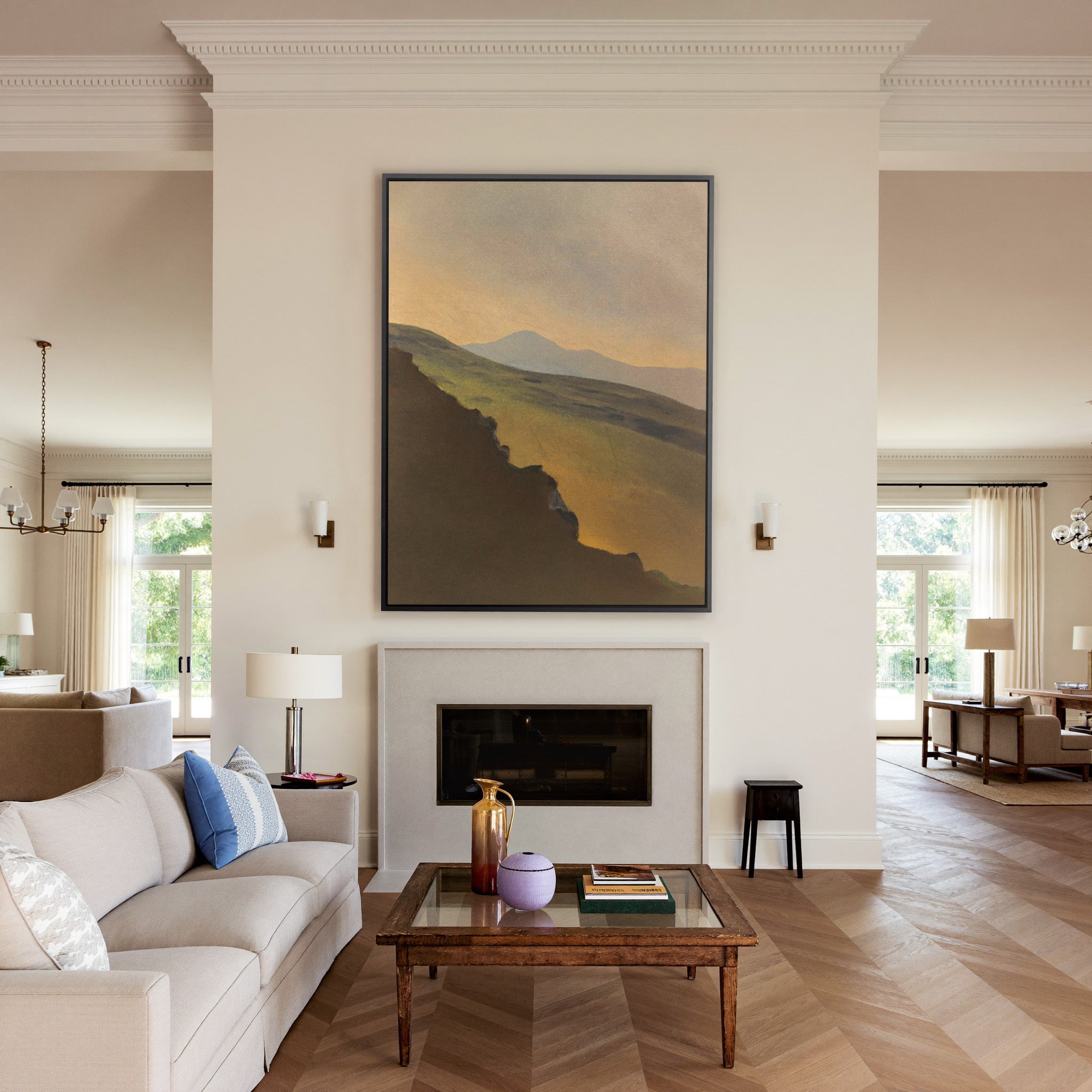 golden valley with dark foreground ridge canvas wall art in a black frame above a mantel