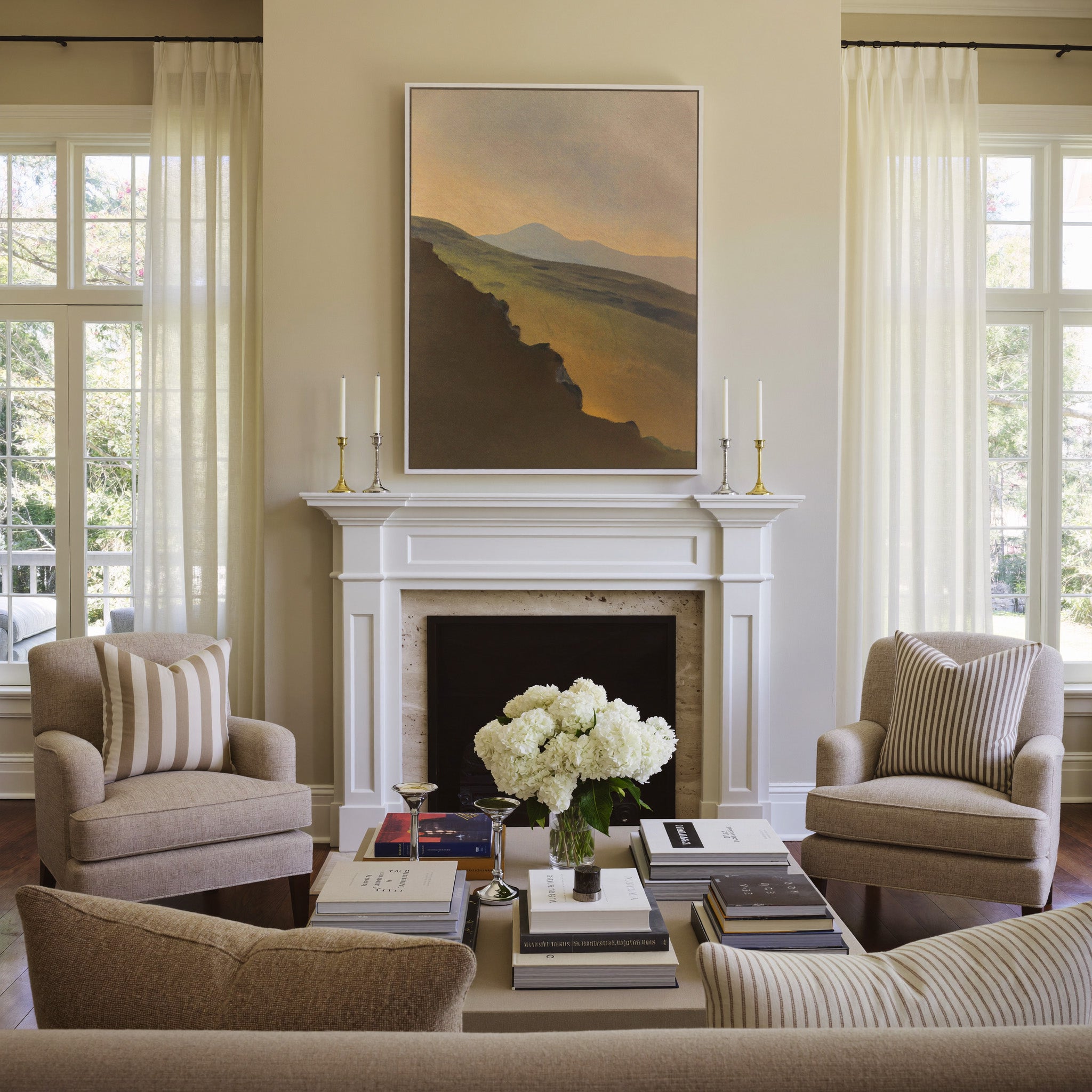 golden valley with dark foreground ridge canvas wall art in a white frame above a mantel