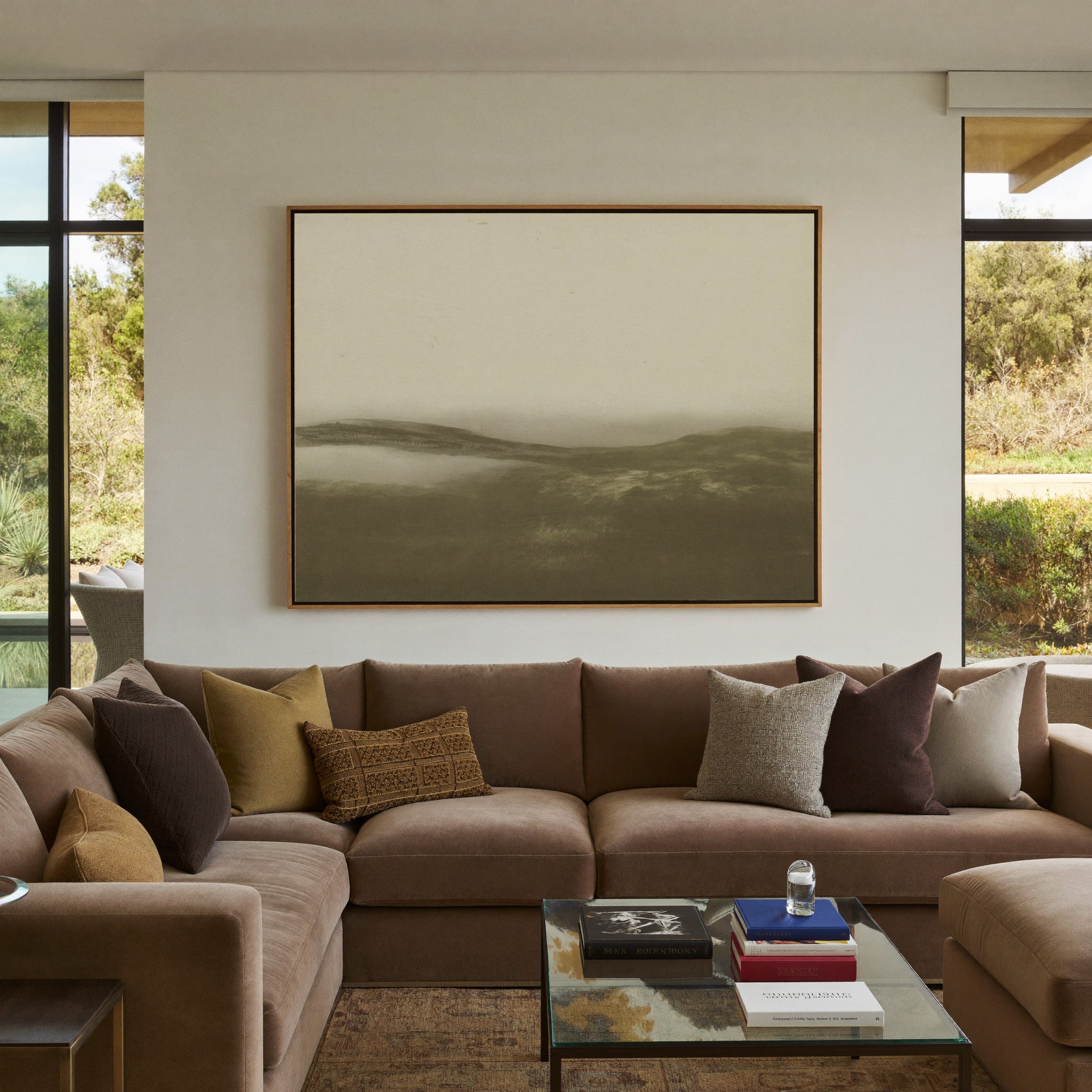soft sepia mist over low rolling hills canvas wall art in an oak frame in a styled room setting