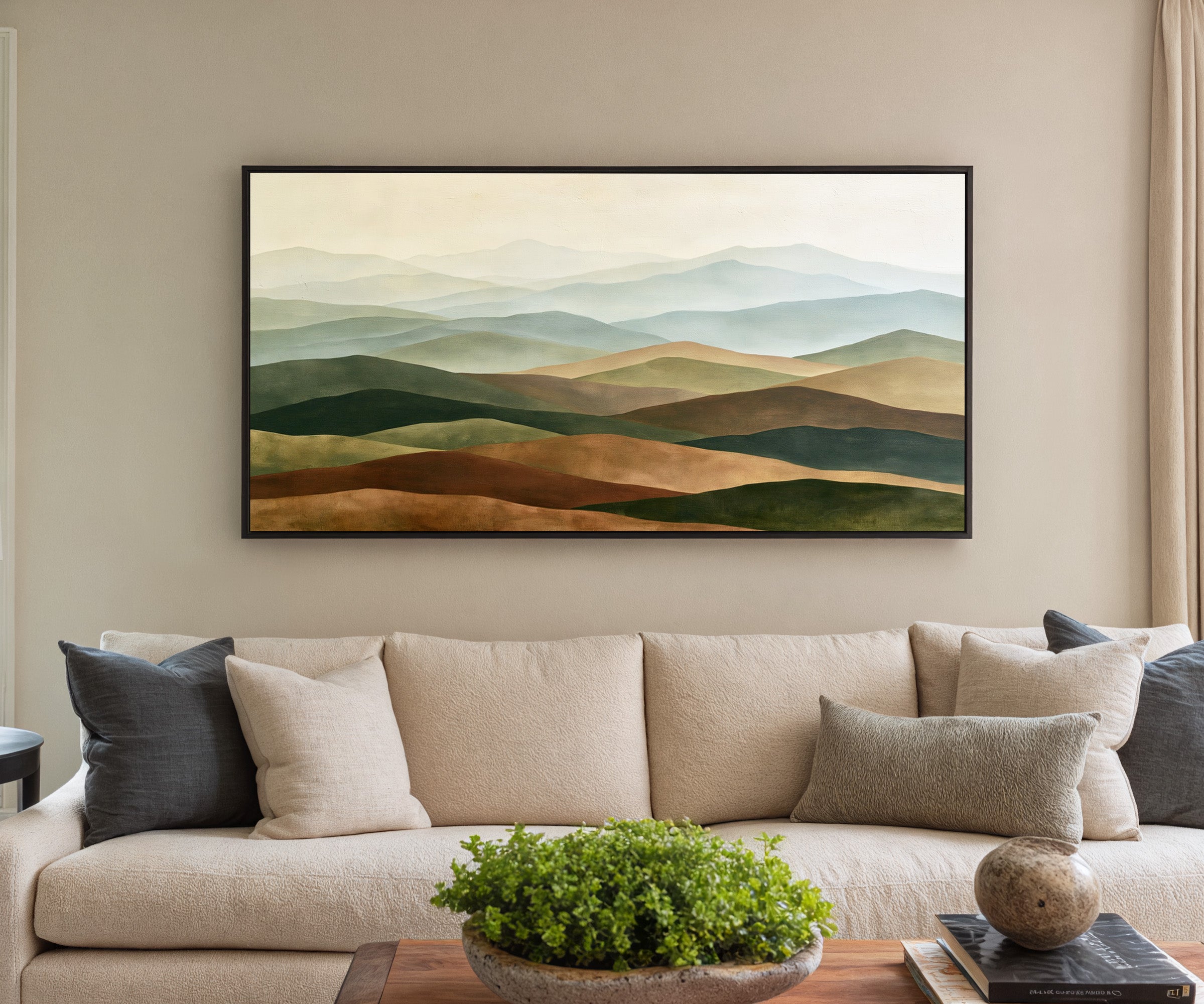 layered rolling hills in sage, blue gray, tan, canvas wall art in a black frame in a styled room setting