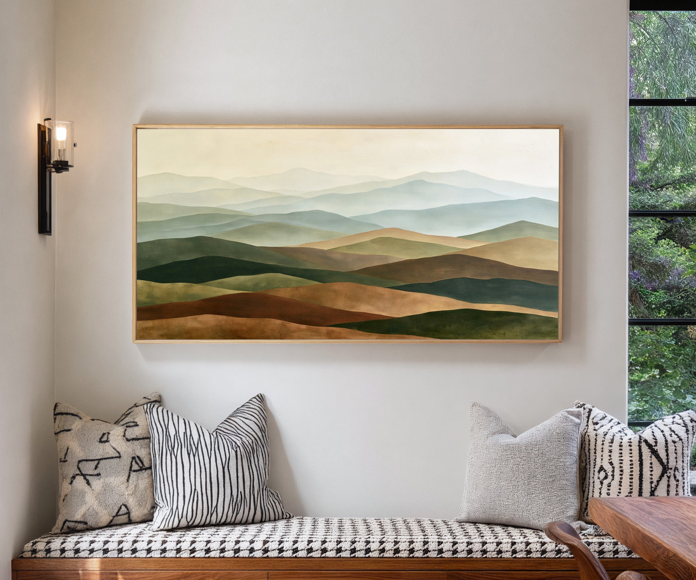 layered rolling hills in sage, blue gray, tan, canvas wall art in a natural wood frame in a living room