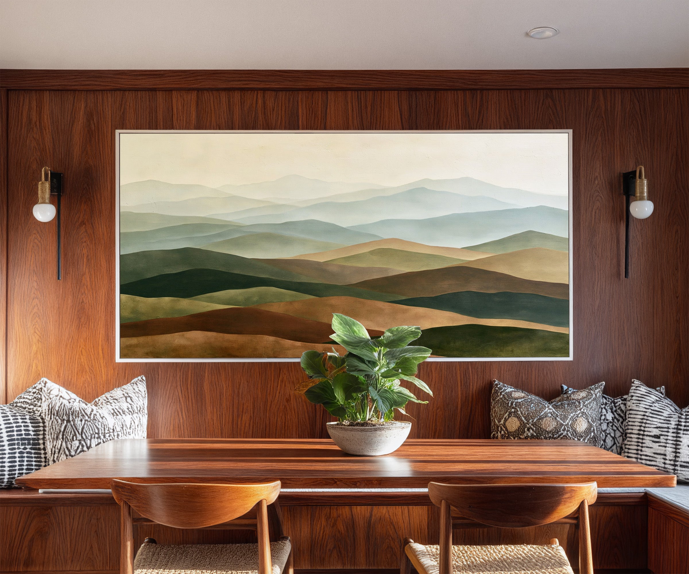 layered rolling hills in sage, blue gray, tan, canvas wall art in a white frame in a styled room setting