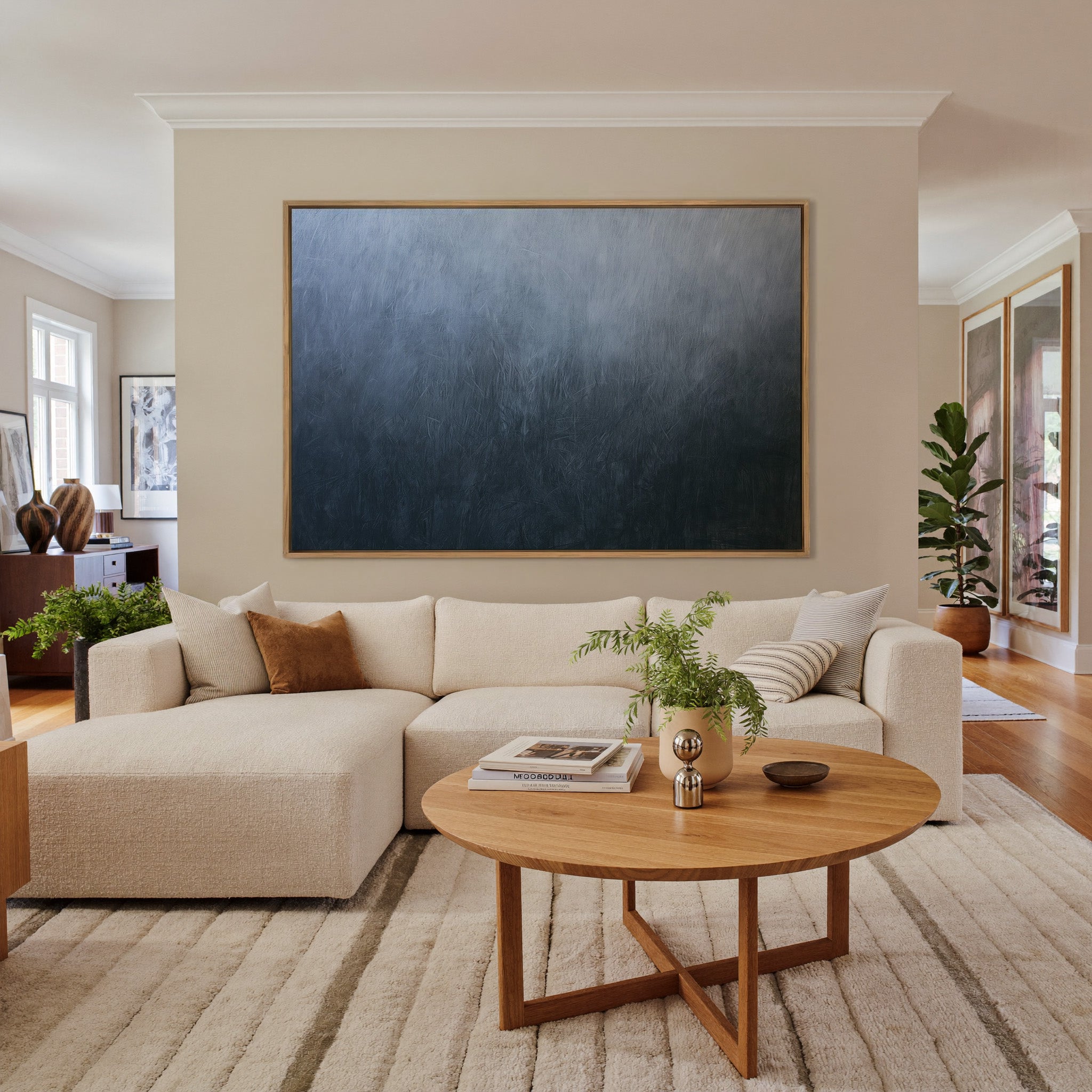 cool blue gray abstract with soft vertical canvas wall art in an oak frame in a living room