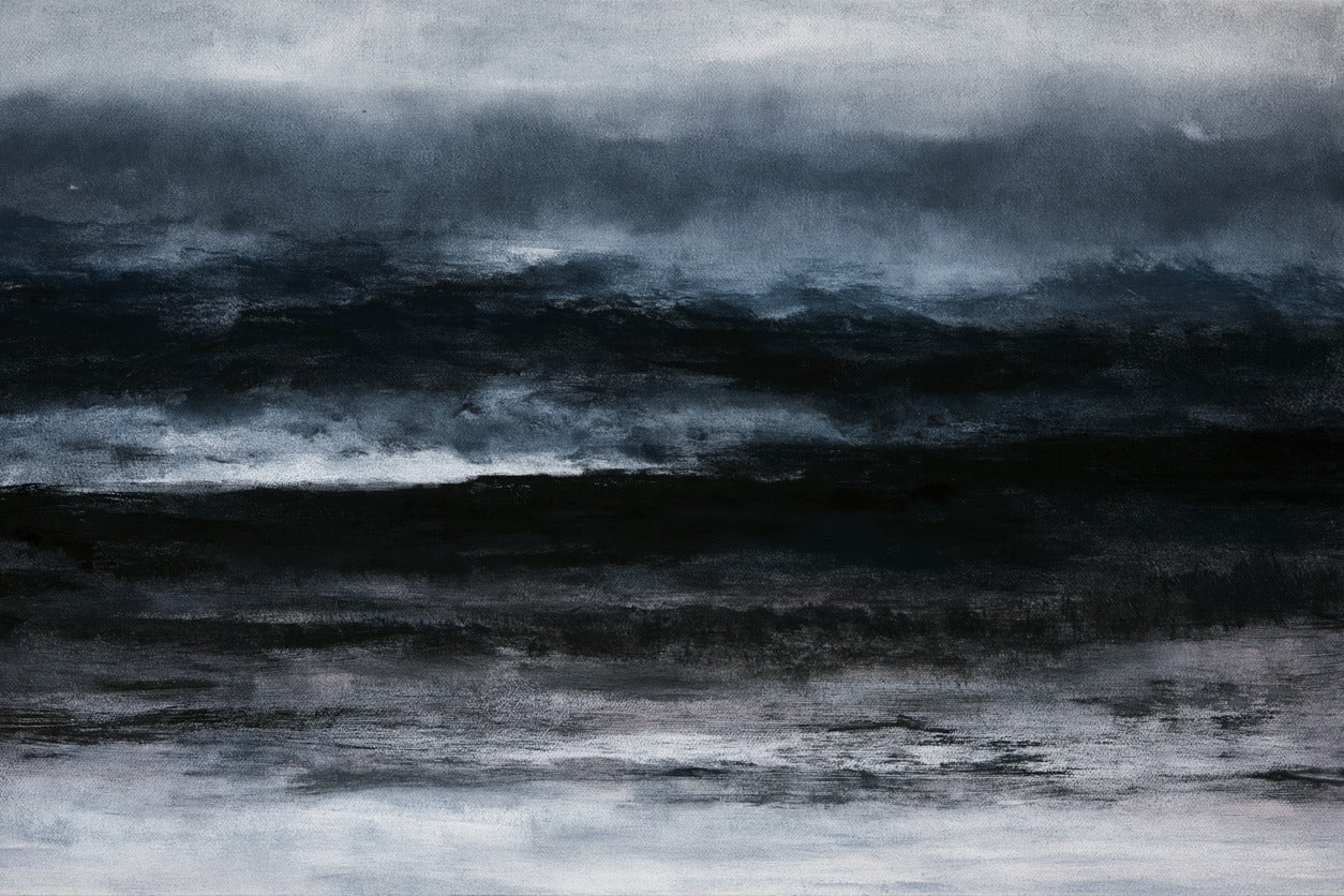 Layered black and navy bands across a pale gray field with soft, weathered edges