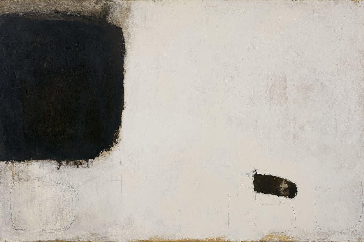 Large black block on cream ground with a smaller dark shape and faint sketch lines