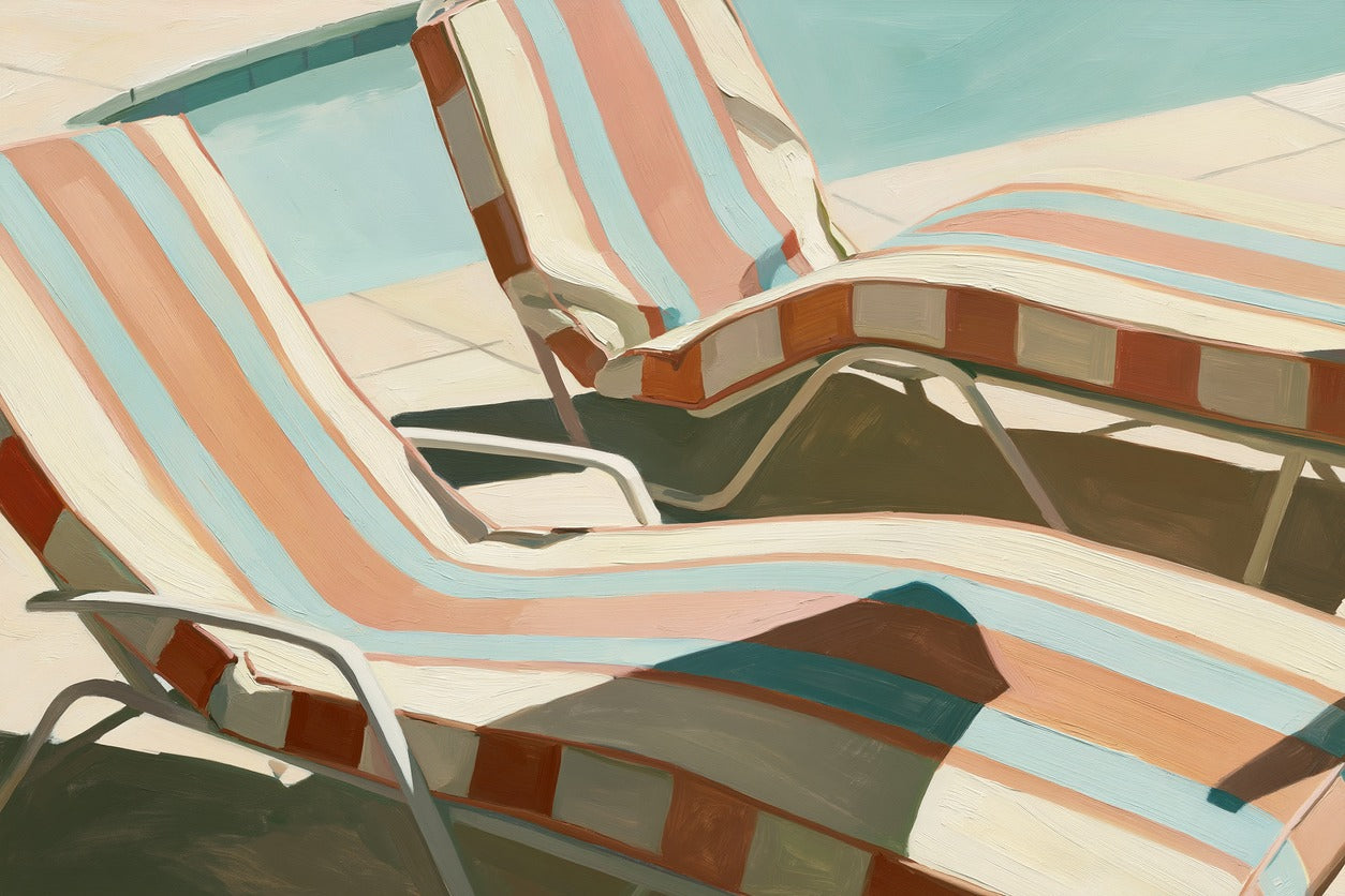 Poolside Pause — Striped Lounge Chairs Canvas Wall Art