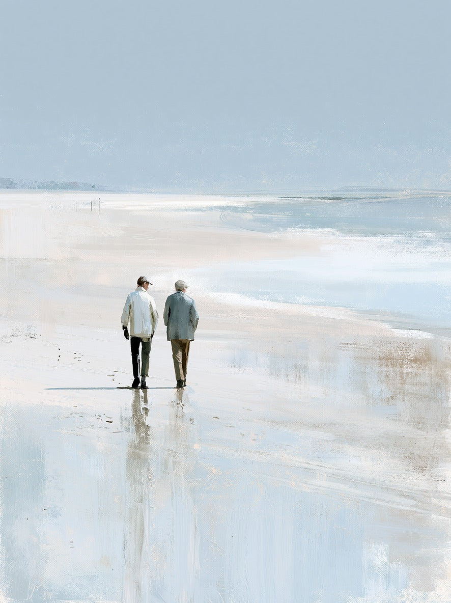 Two figures walking on a pale beach beside soft blue water and a wide open sky