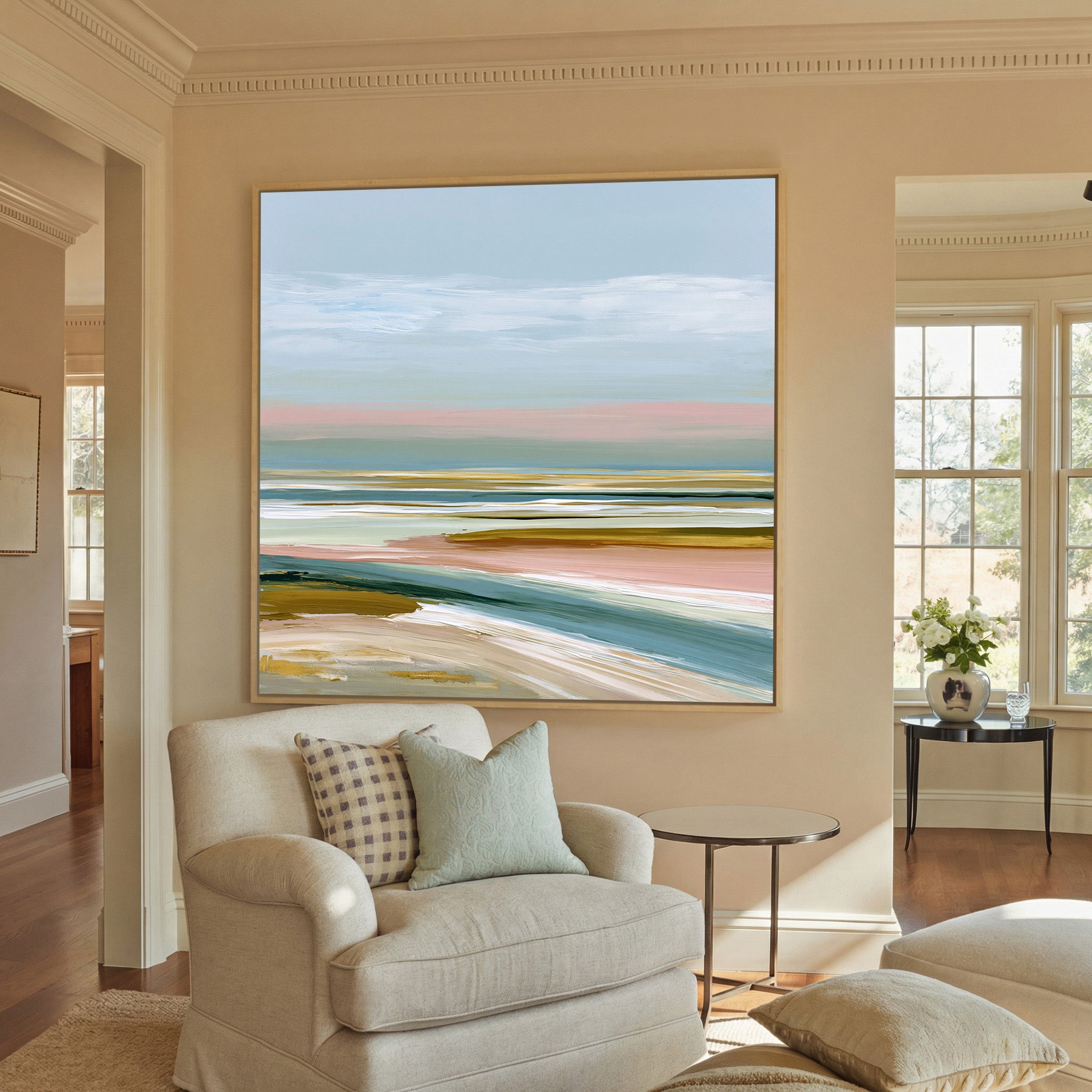 layered seafoam, blush, and sand bands canvas wall art in a natural wood frame in a styled room setting