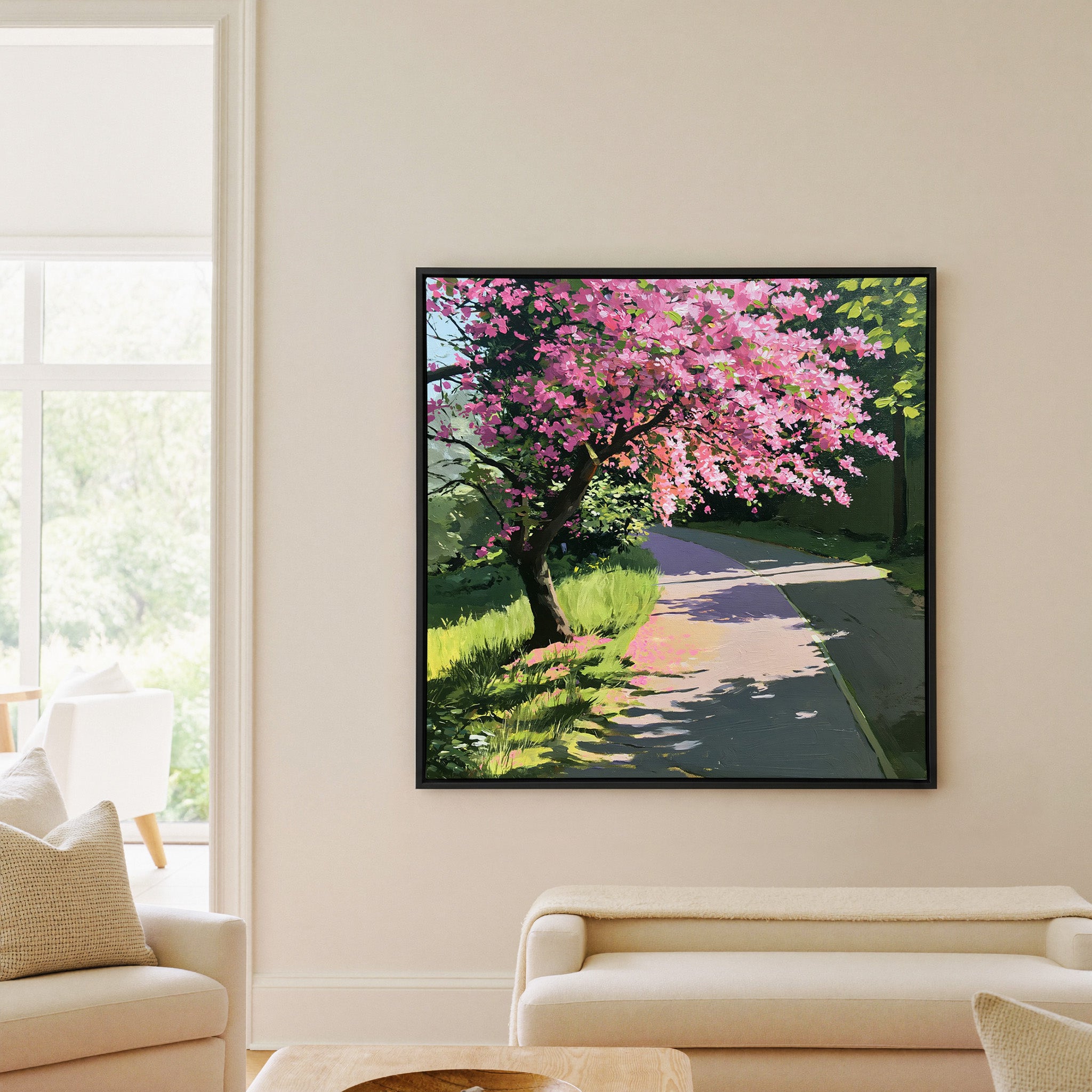 pink flowering tree beside a curving path canvas wall art in a black frame in a living room