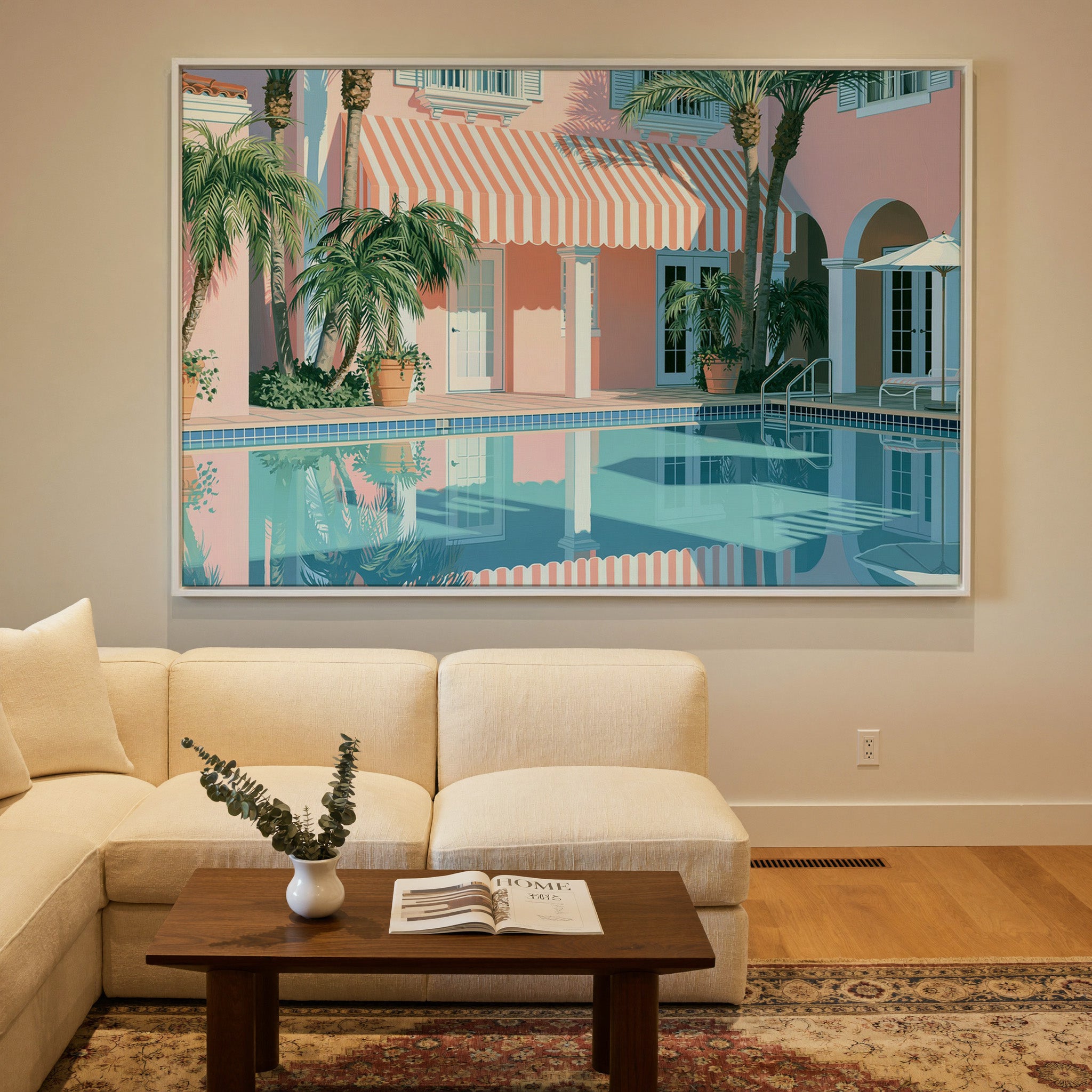 pastel courtyard with striped awning and palms canvas wall art in a white frame in a styled room setting
