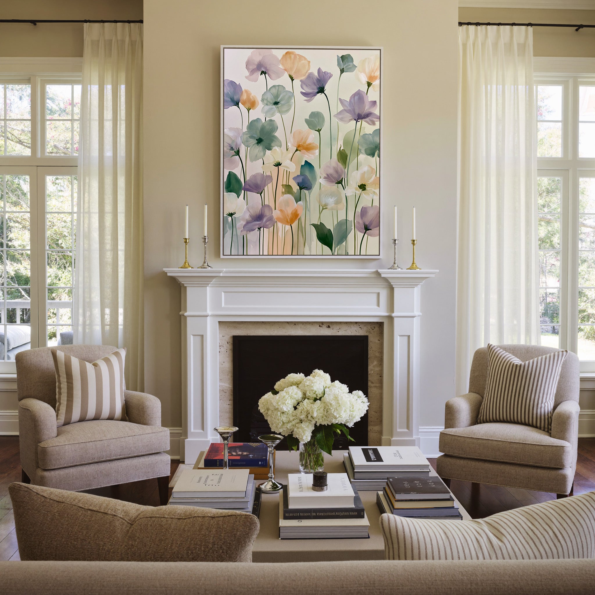 soft lavender, sage, peach, and cream floral canvas wall art in a white frame above a mantel