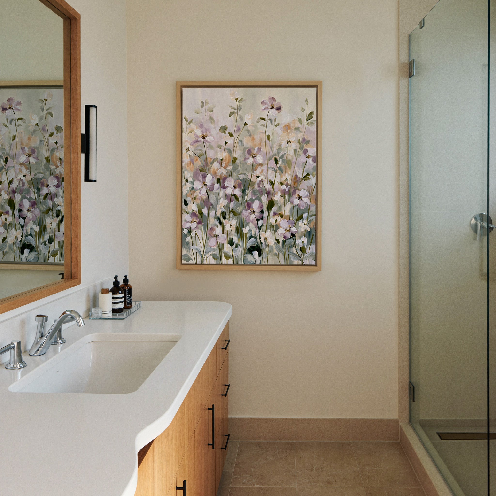 soft lavender and sage floral field canvas wall art in a natural wood frame in a styled room setting