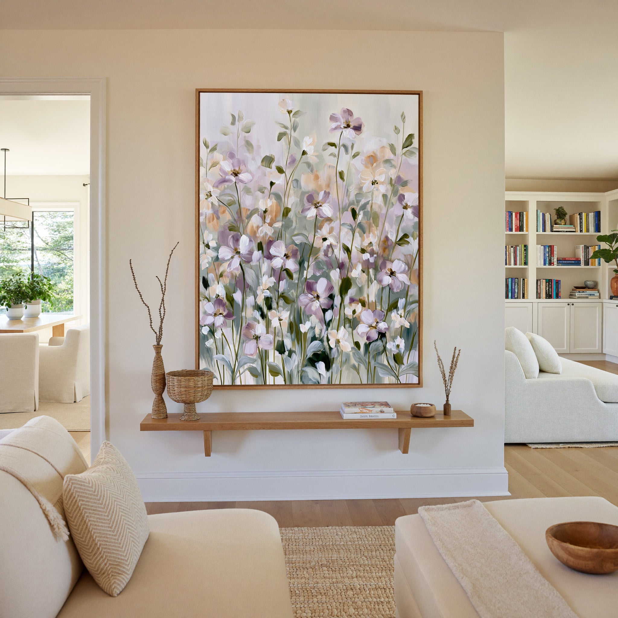 soft lavender and sage floral field canvas wall art in an oak frame in a living room