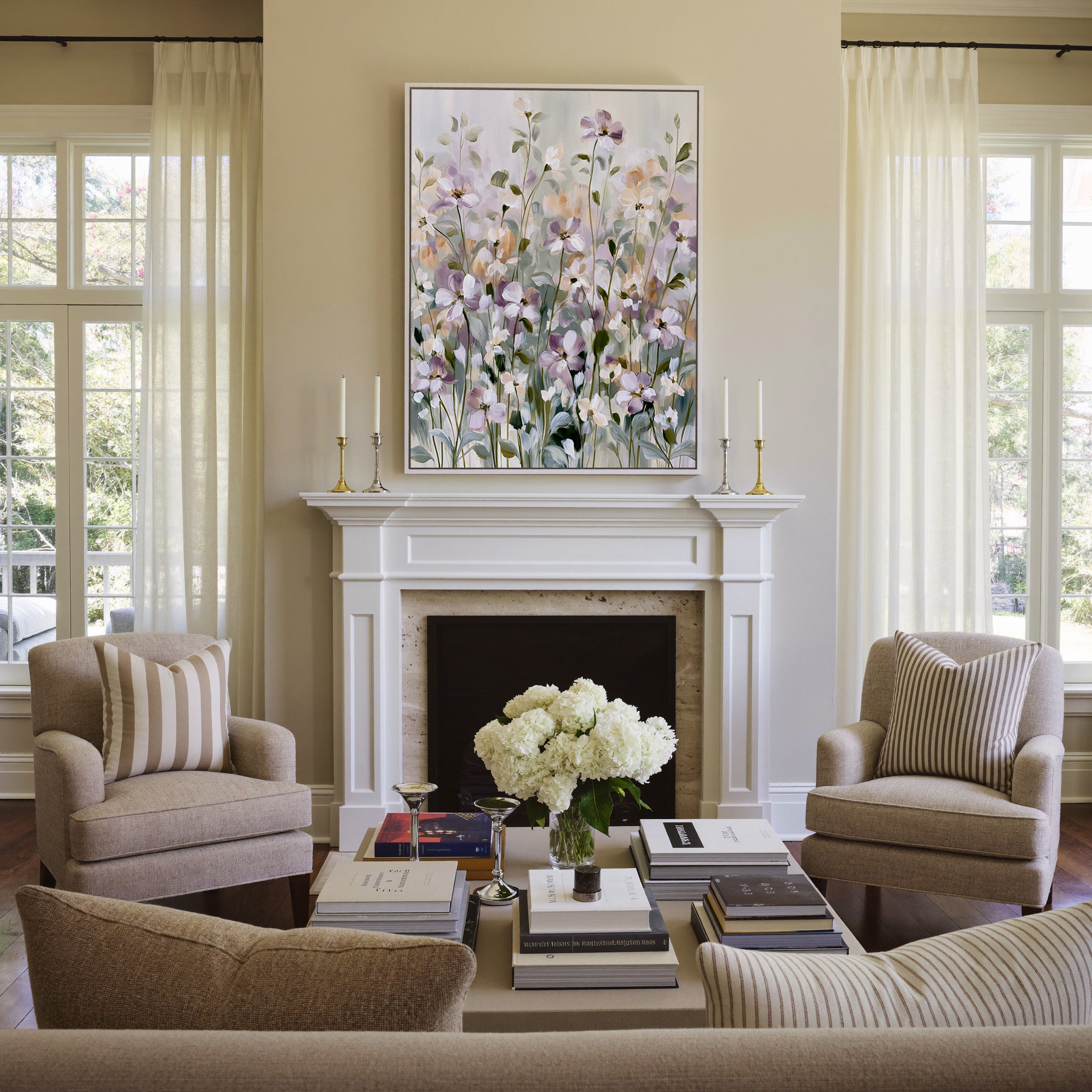 soft lavender and sage floral field canvas wall art in a white frame above a mantel