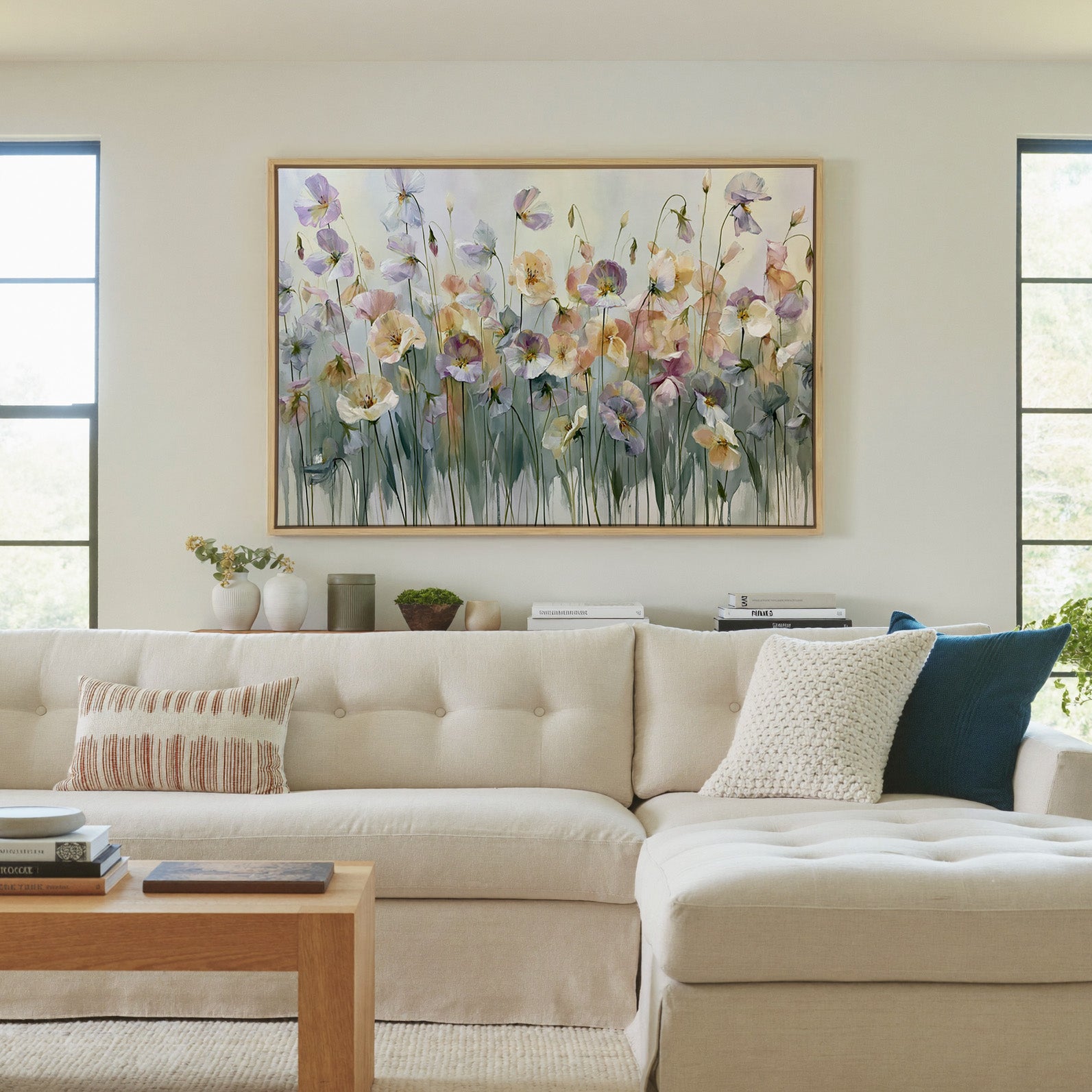 soft lavender, sage, peach, and cream floral canvas wall art in a natural wood frame in a living room