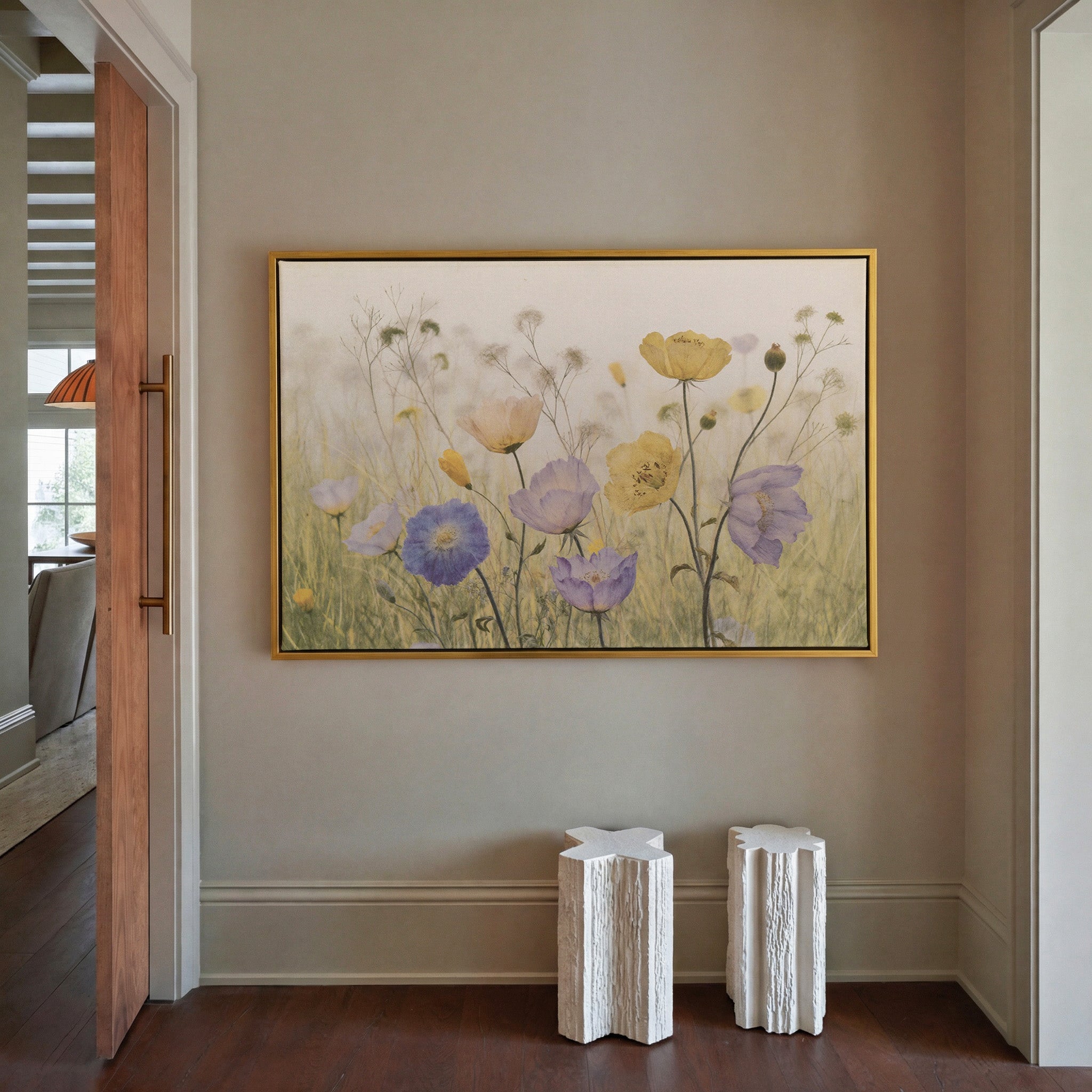 soft wildflower field with lavender, yellow, canvas wall art in a gold frame in a styled room setting