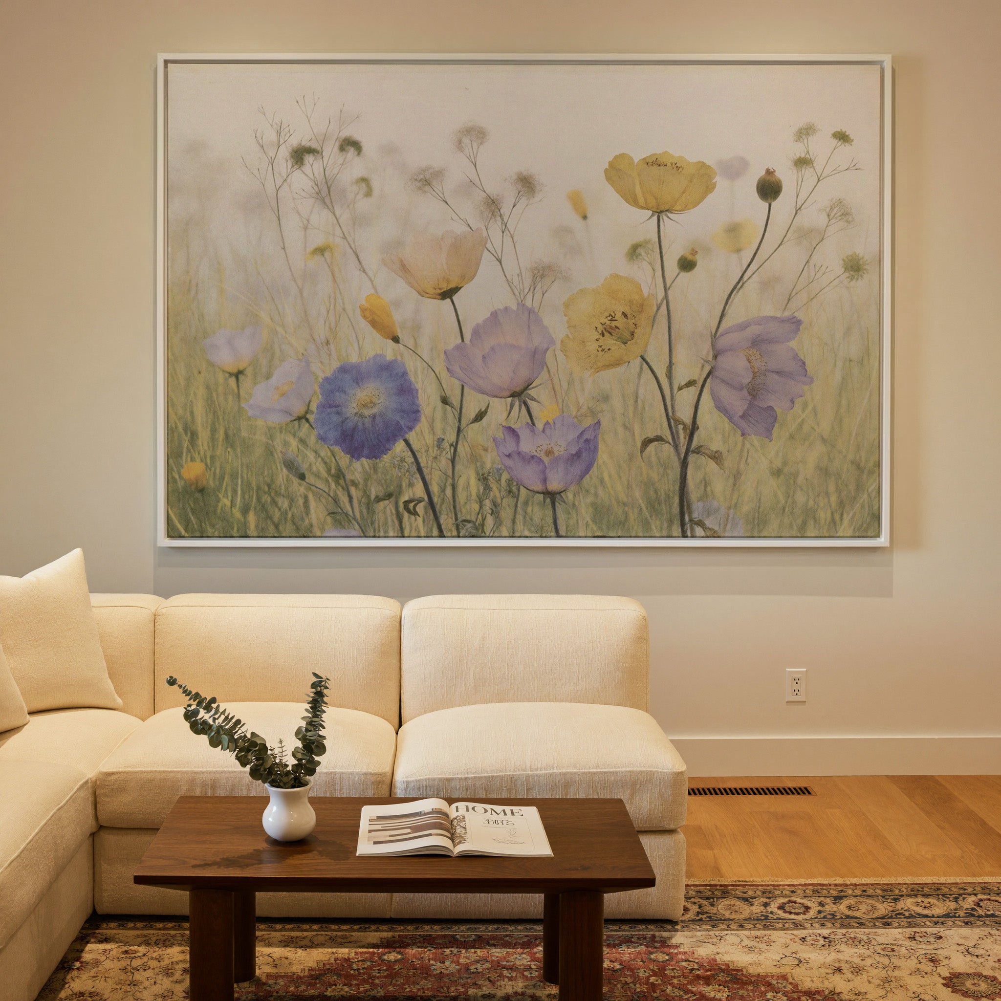 soft wildflower field with lavender, yellow, canvas wall art in a white frame in a styled room setting
