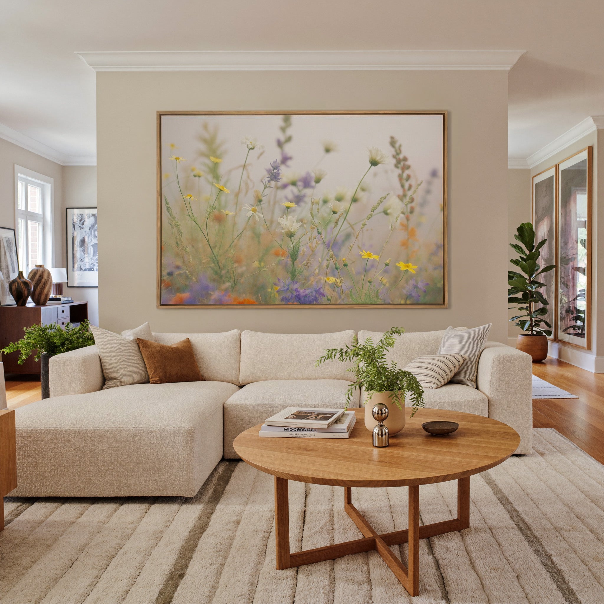 pastel wildflower field with yellow, white, and canvas wall art in an oak frame in a living room