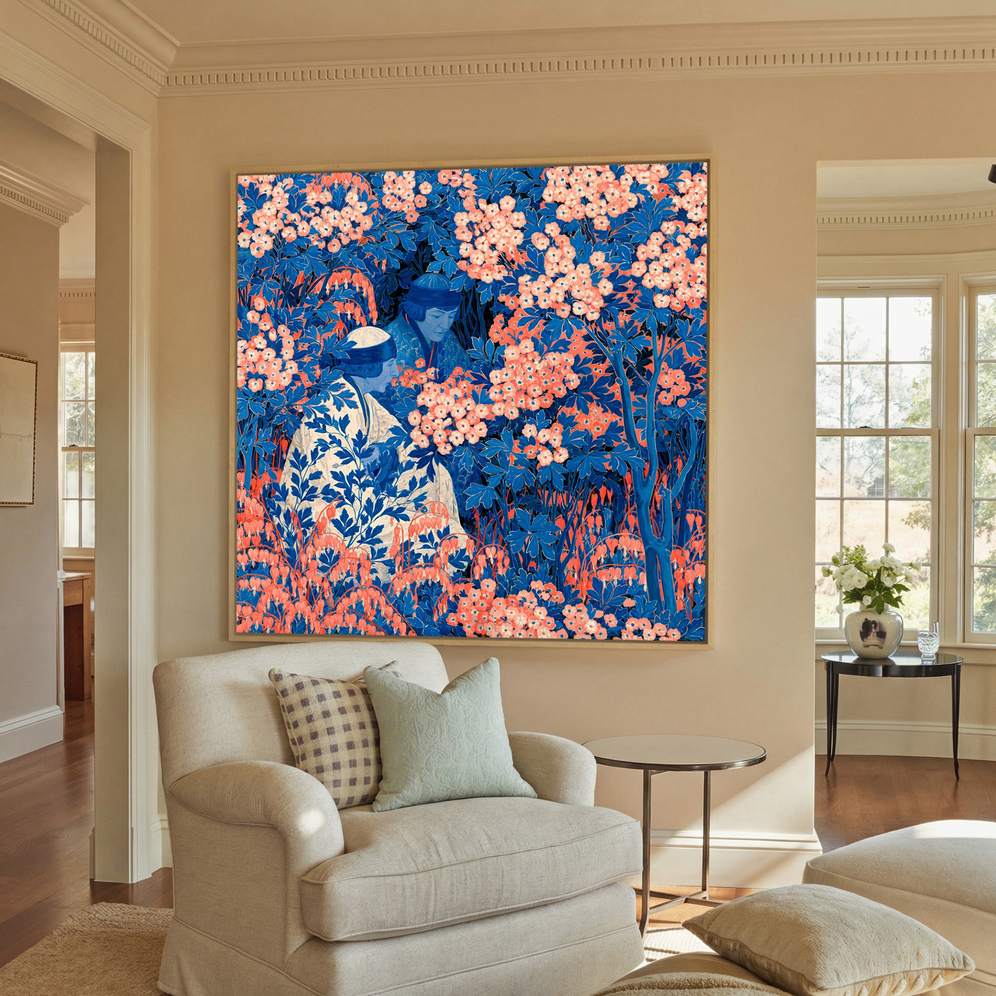 blue and coral garden scene with two seated canvas wall art in a natural wood frame in a styled room setting