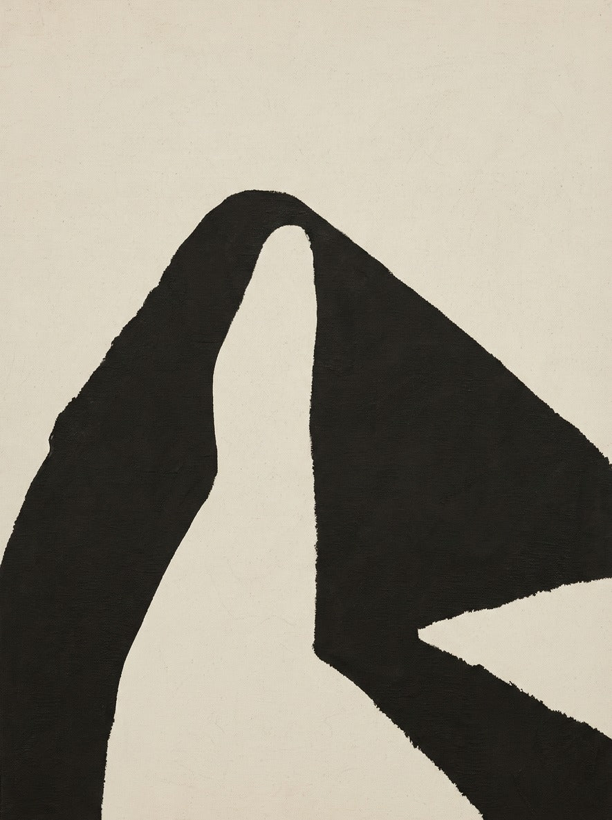 Bold black angular forms cross a cream ground with a narrow pale channel at center
