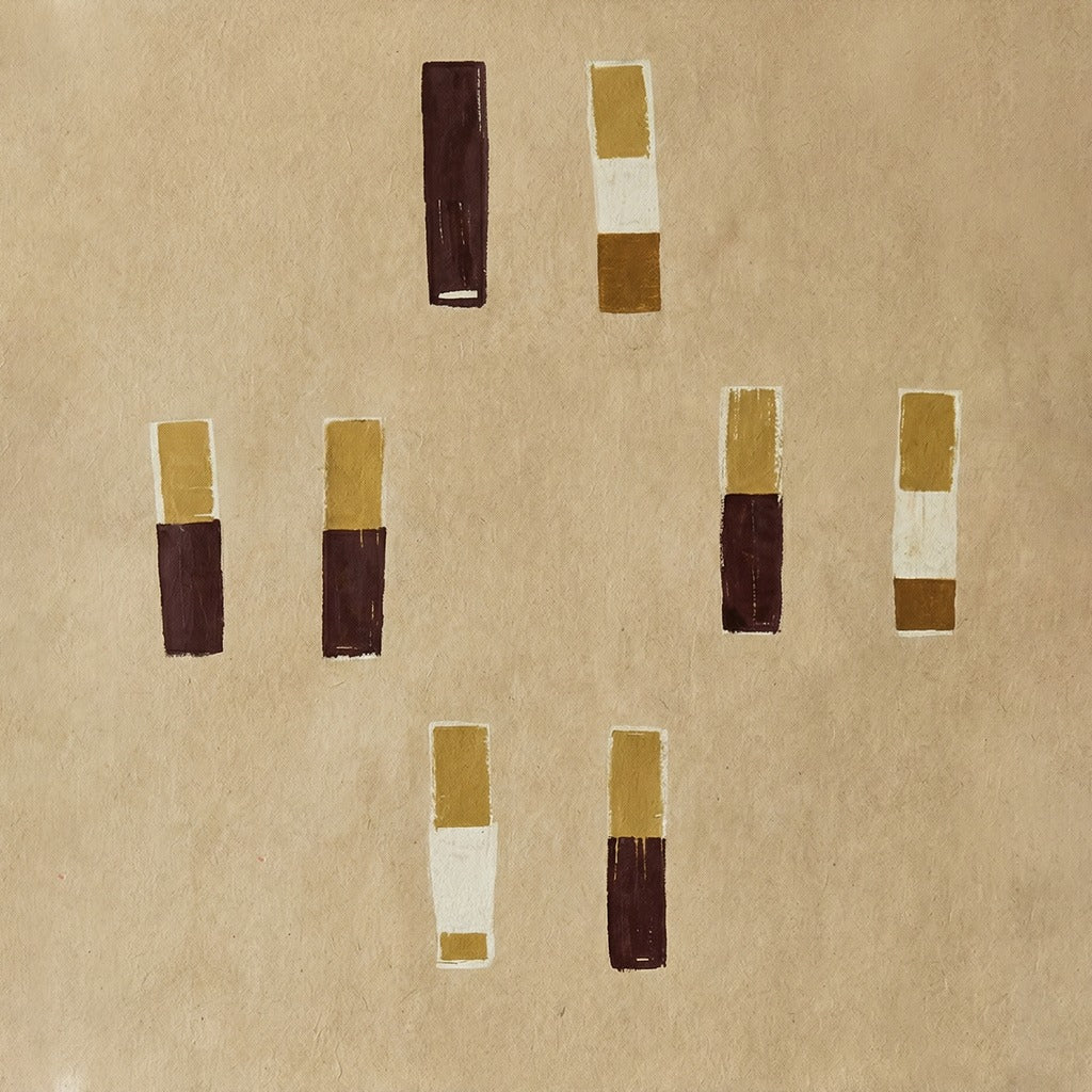 Beige abstract with burgundy and ochre vertical blocks spaced across an open ground