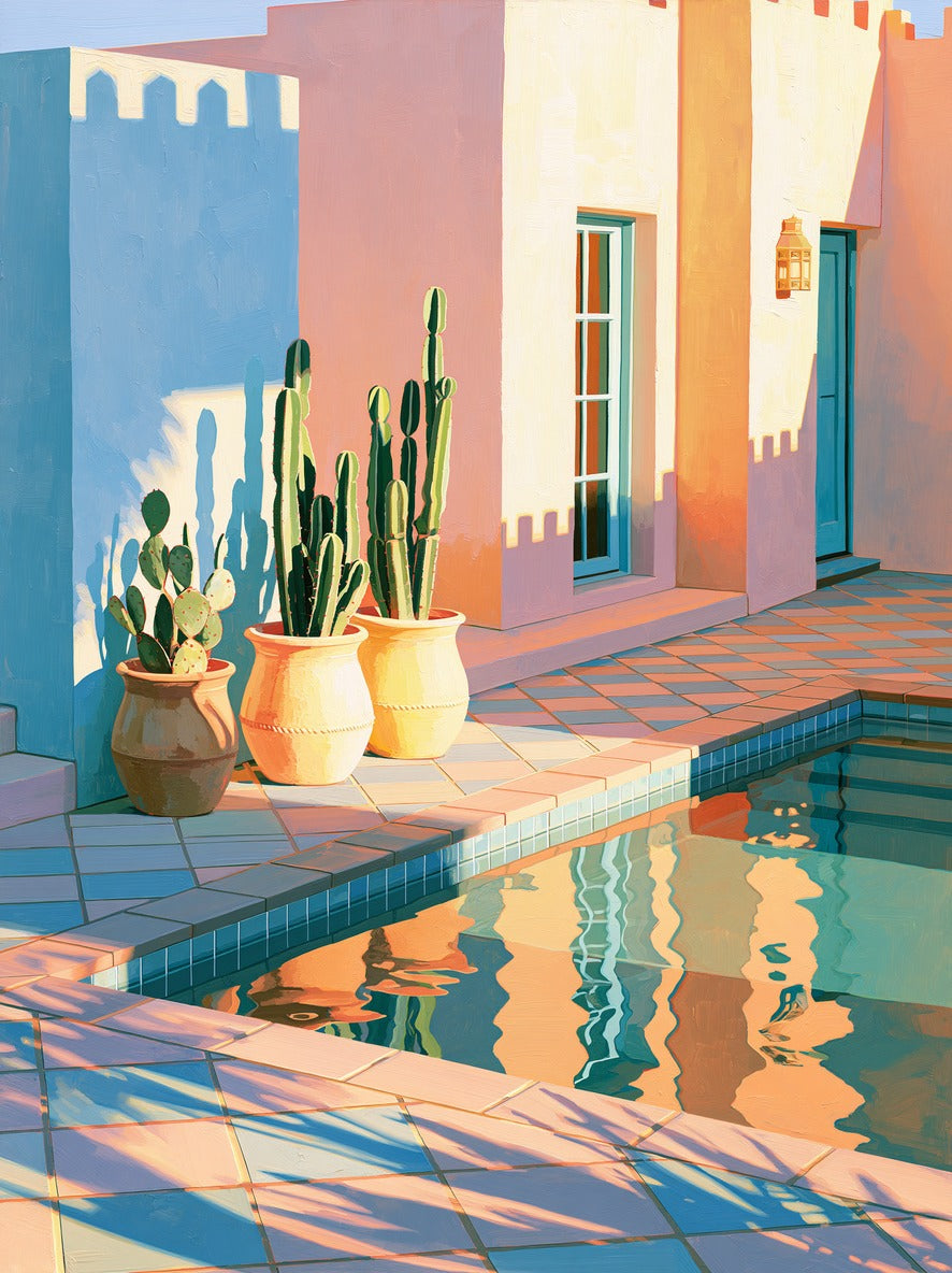 Cactus pots beside a pastel patio and reflective pool with blue, peach, and cream walls