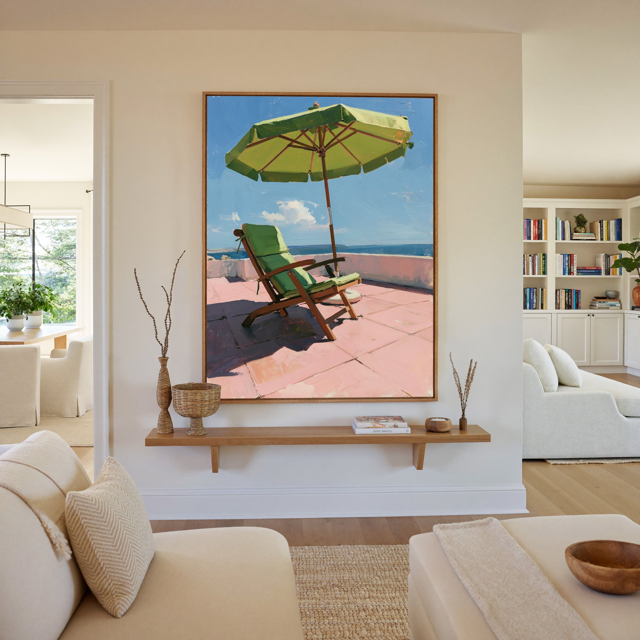 green umbrella and chair on a pink terrace canvas wall art in an oak frame in a living room
